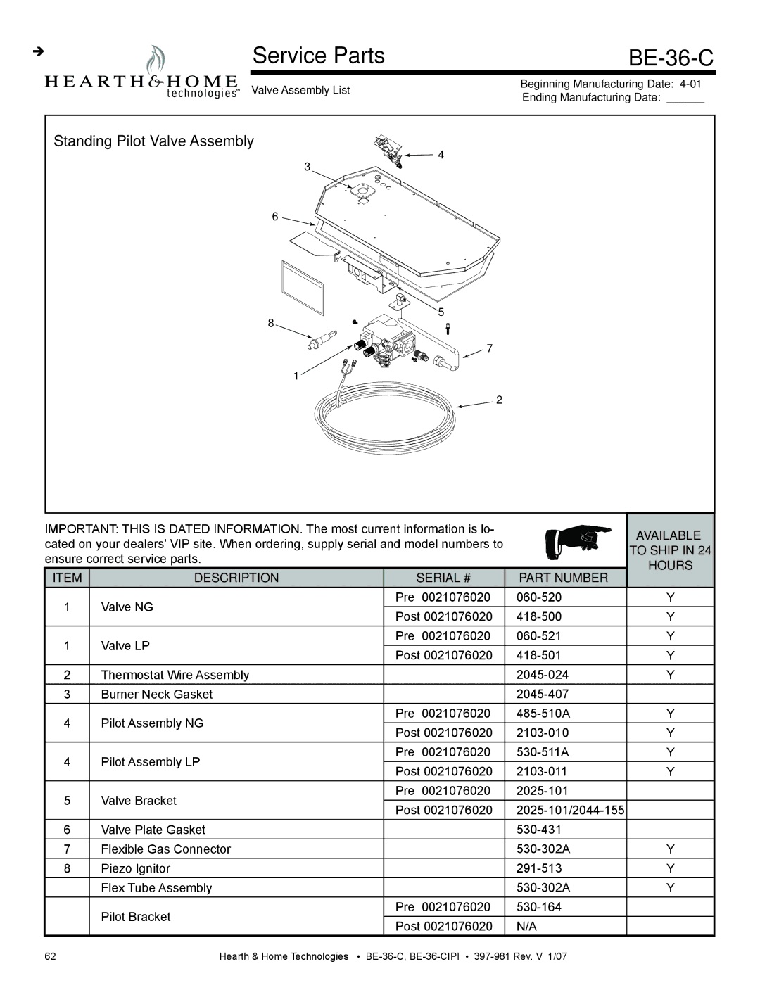 Hearth and Home Technologies manual Service Parts BE-36-C, Standing Pilot Valve Assembly 