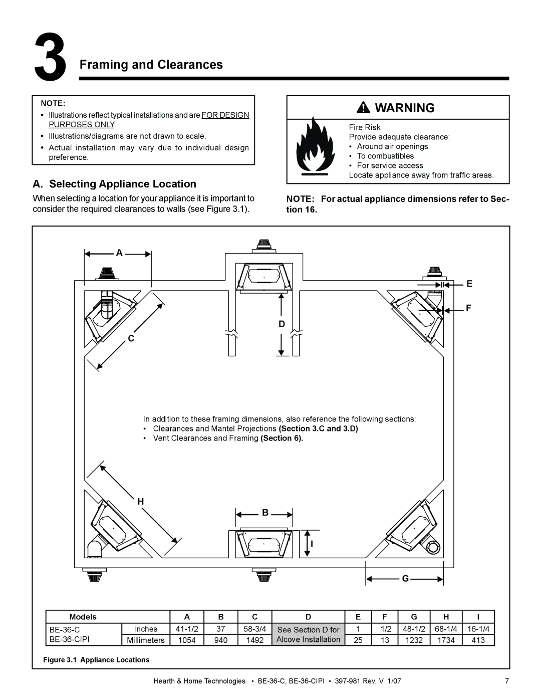 Hearth and Home Technologies BE-36-C manual Framing and Clearances, Selecting Appliance Location, Models 