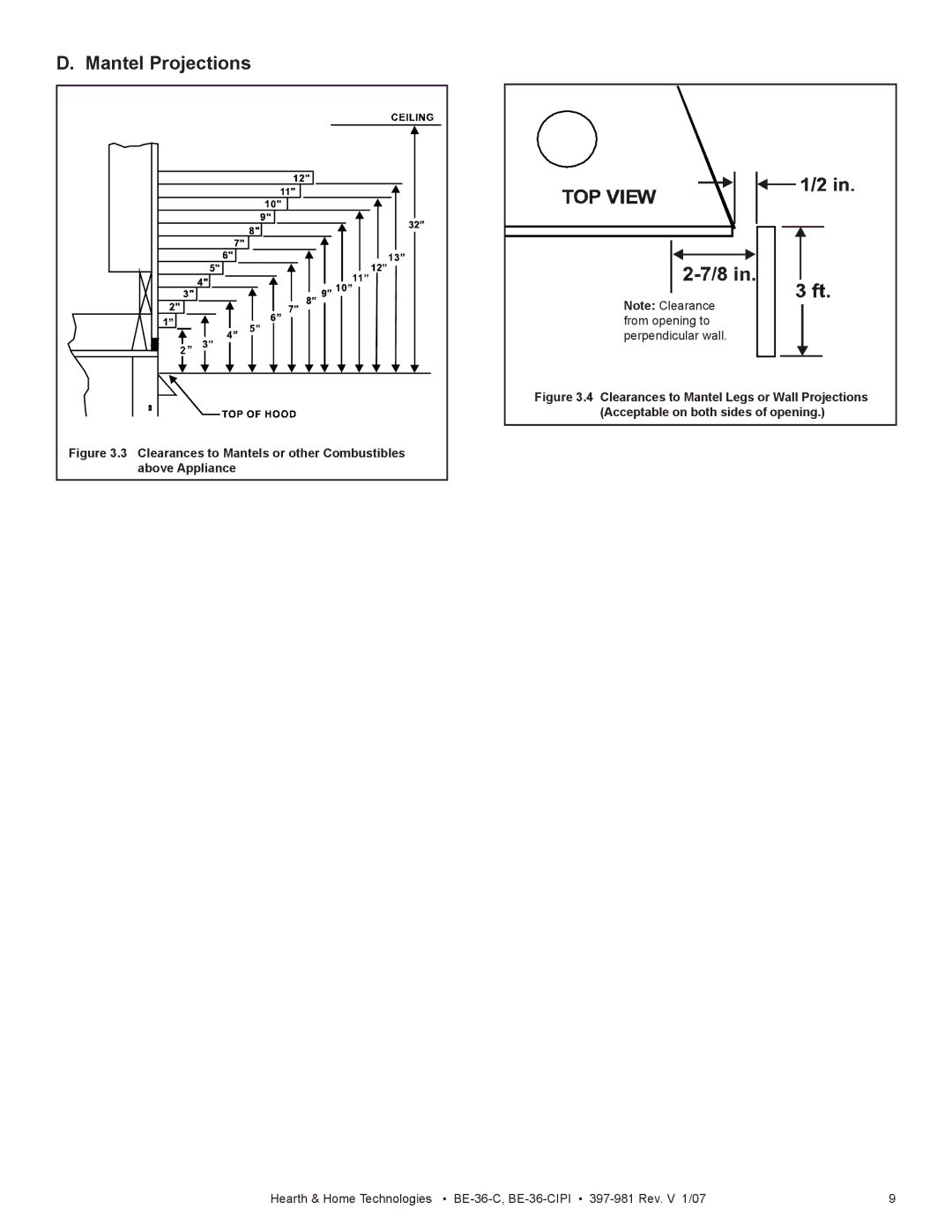 Hearth and Home Technologies BE-36-C manual Mantel Projections, Clearances to Mantels or other Combustibles above Appliance 