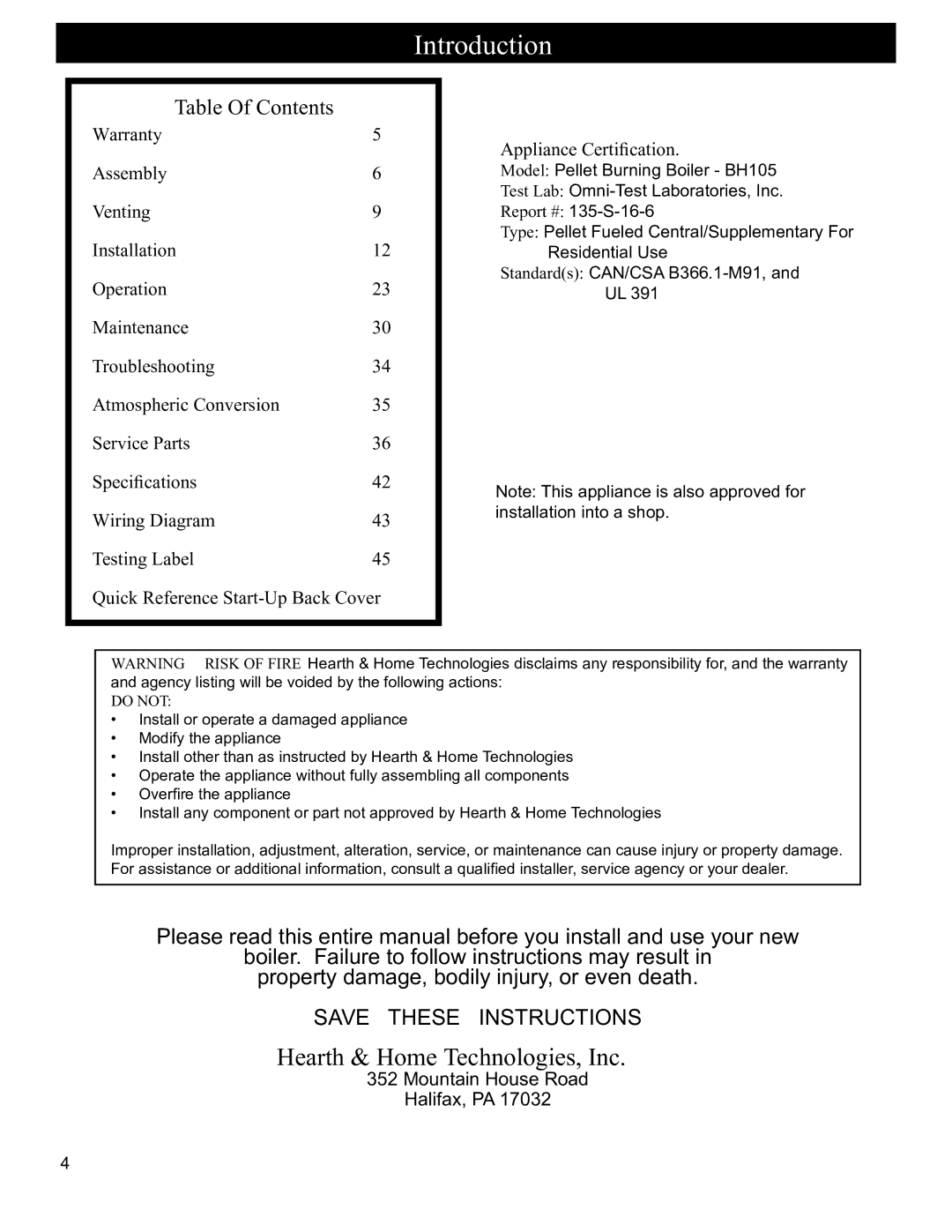 Hearth and Home Technologies BH 105 manual Introduction, Table Of Contents 