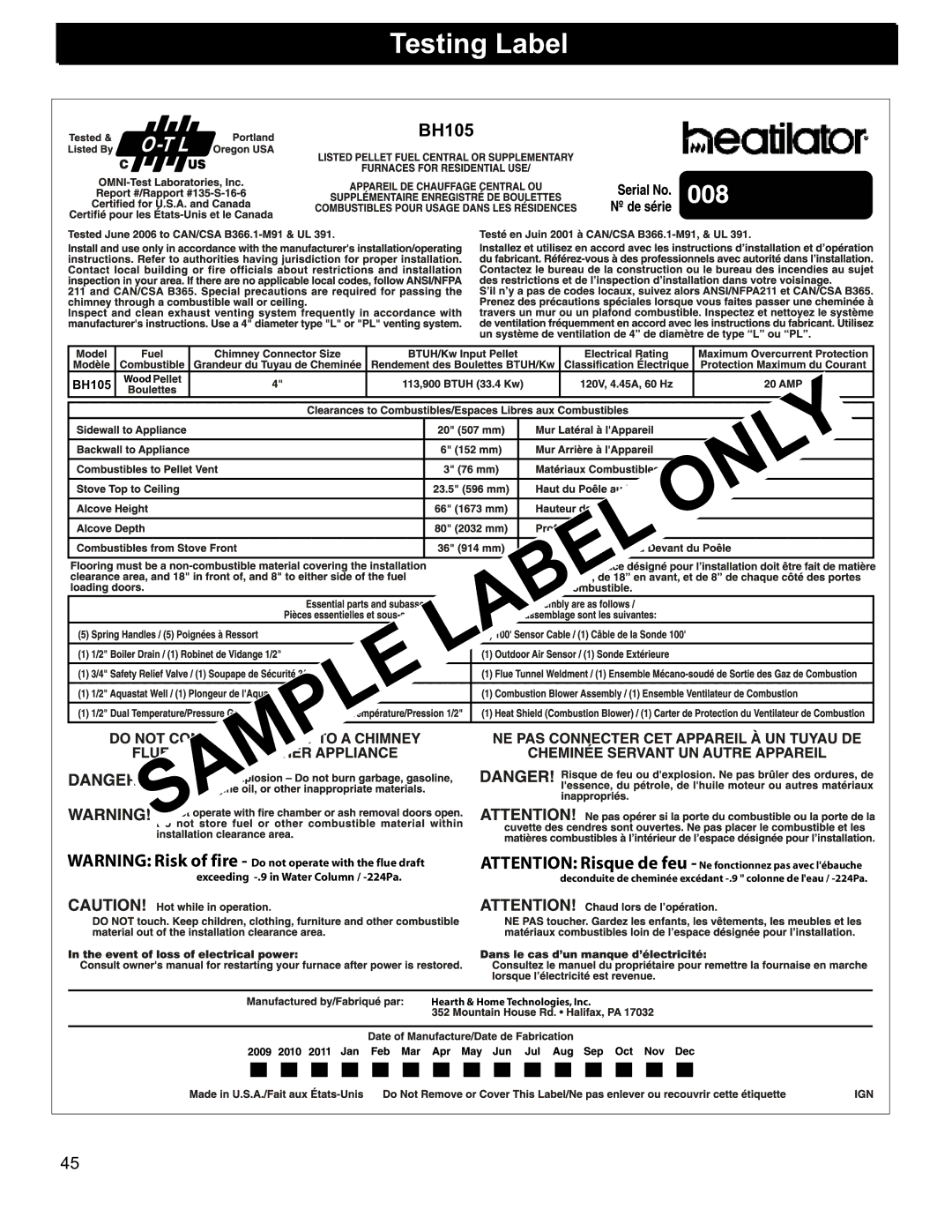 Hearth and Home Technologies BH 105 manual Testing Label, BH105 