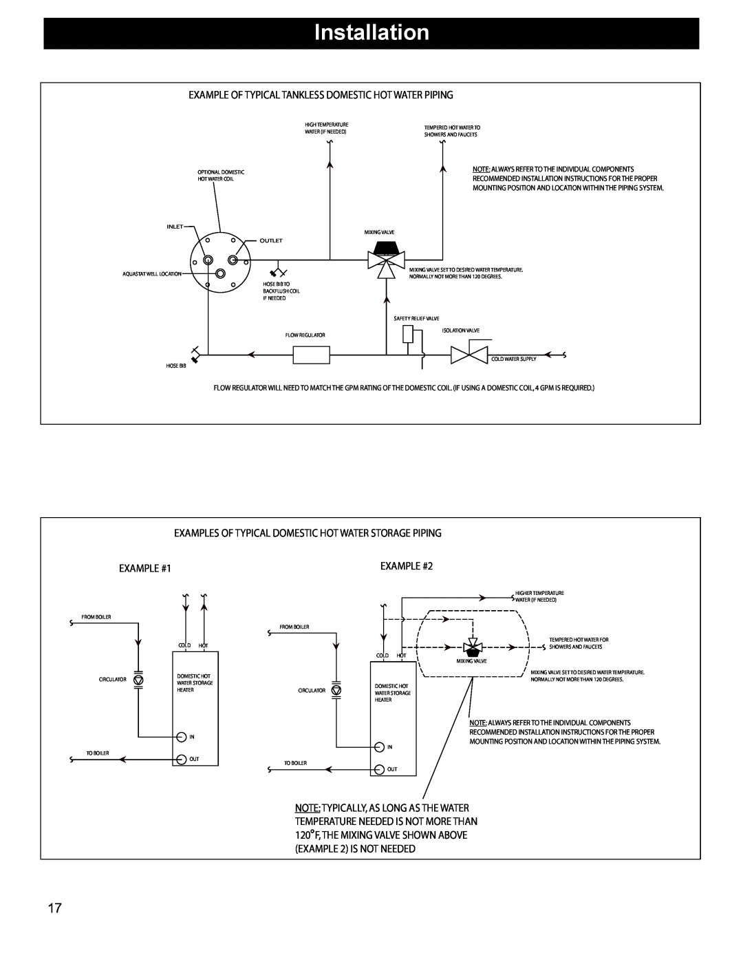Hearth and Home Technologies BH 105 manual Installation, Example Of Typical Tankless Domestic Hot Water Piping, EXAMPLE #1 