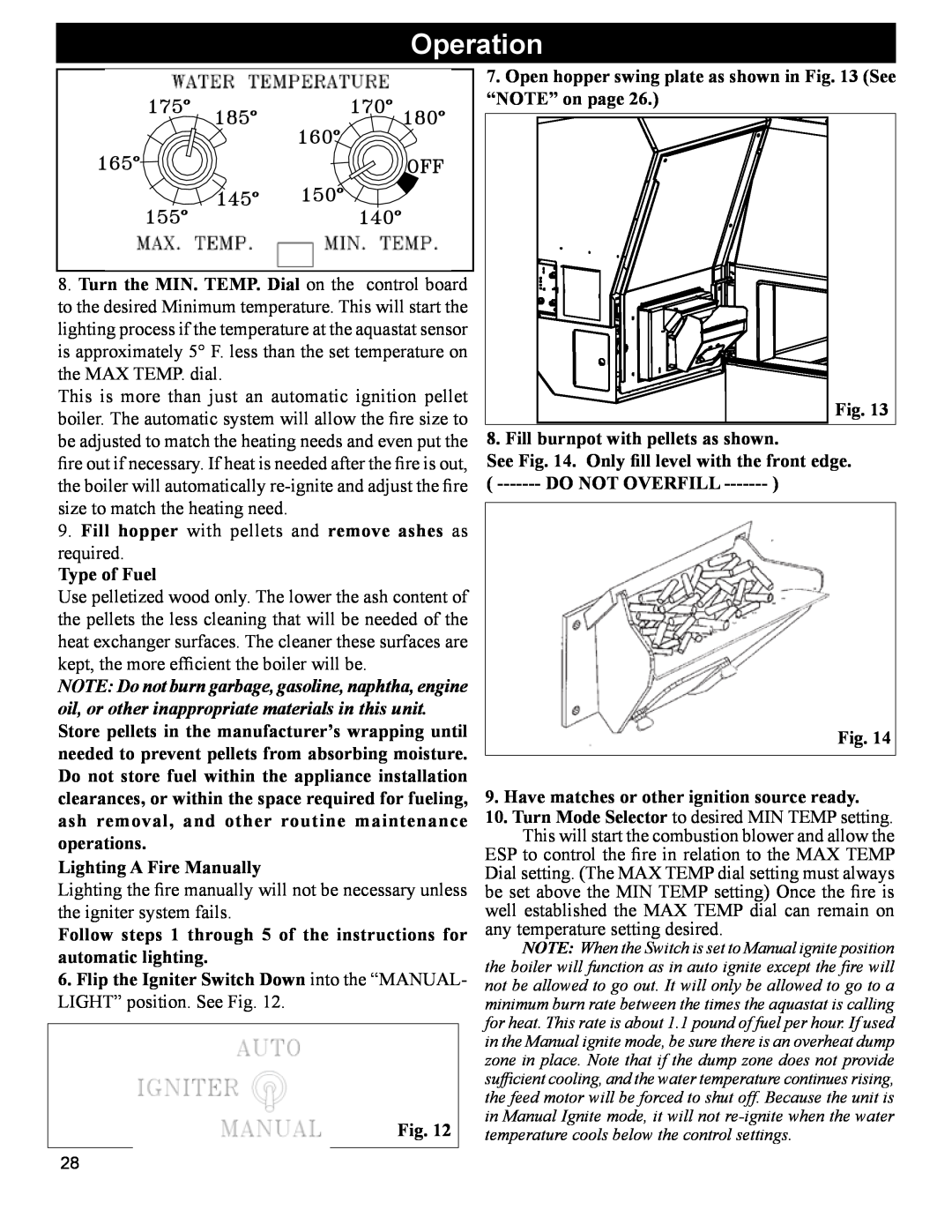 Hearth and Home Technologies BH 105 manual Operation, Fill hopper with pellets and remove ashes as required Type of Fuel 
