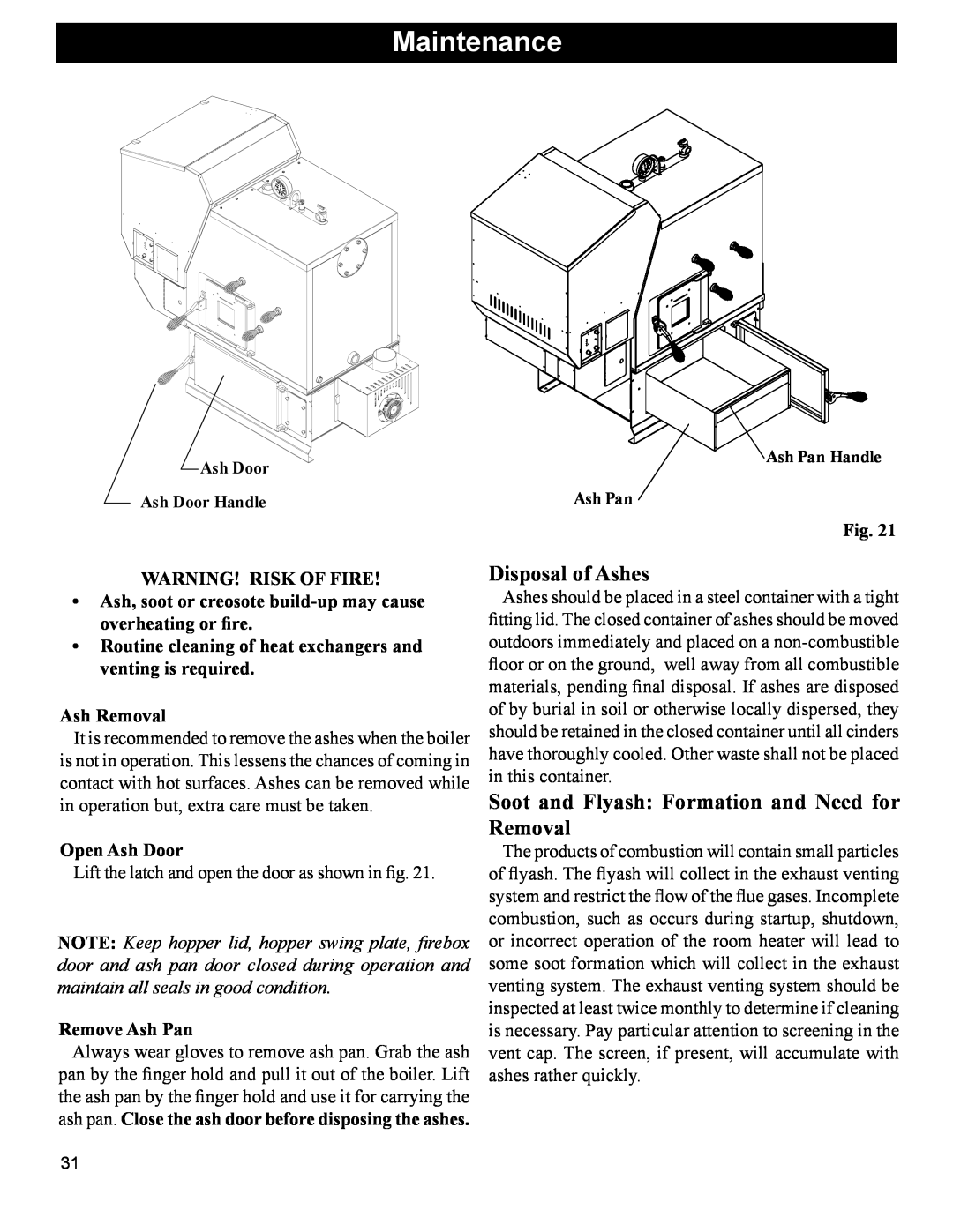 Hearth and Home Technologies BH 105 manual Maintenance, Warning! Risk of Fire, Ash Removal, Open Ash Door, Remove Ash Pan 
