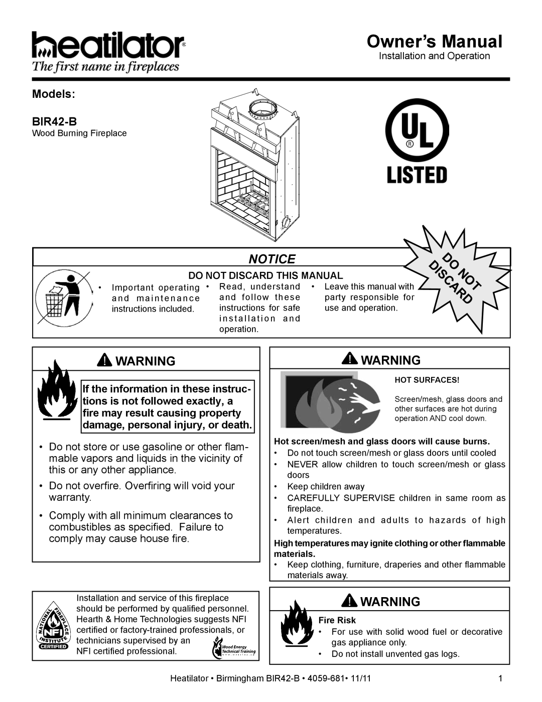 Hearth and Home Technologies BIR42-B owner manual Hot screen/mesh and glass doors will cause burns, Fire Risk 