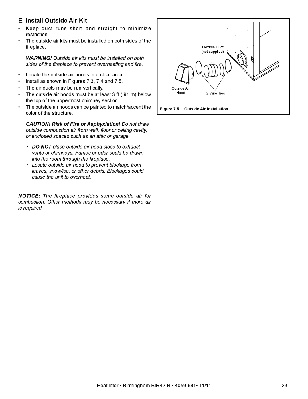 Hearth and Home Technologies BIR42-B owner manual Install Outside Air Kit, Outside Air Installation 