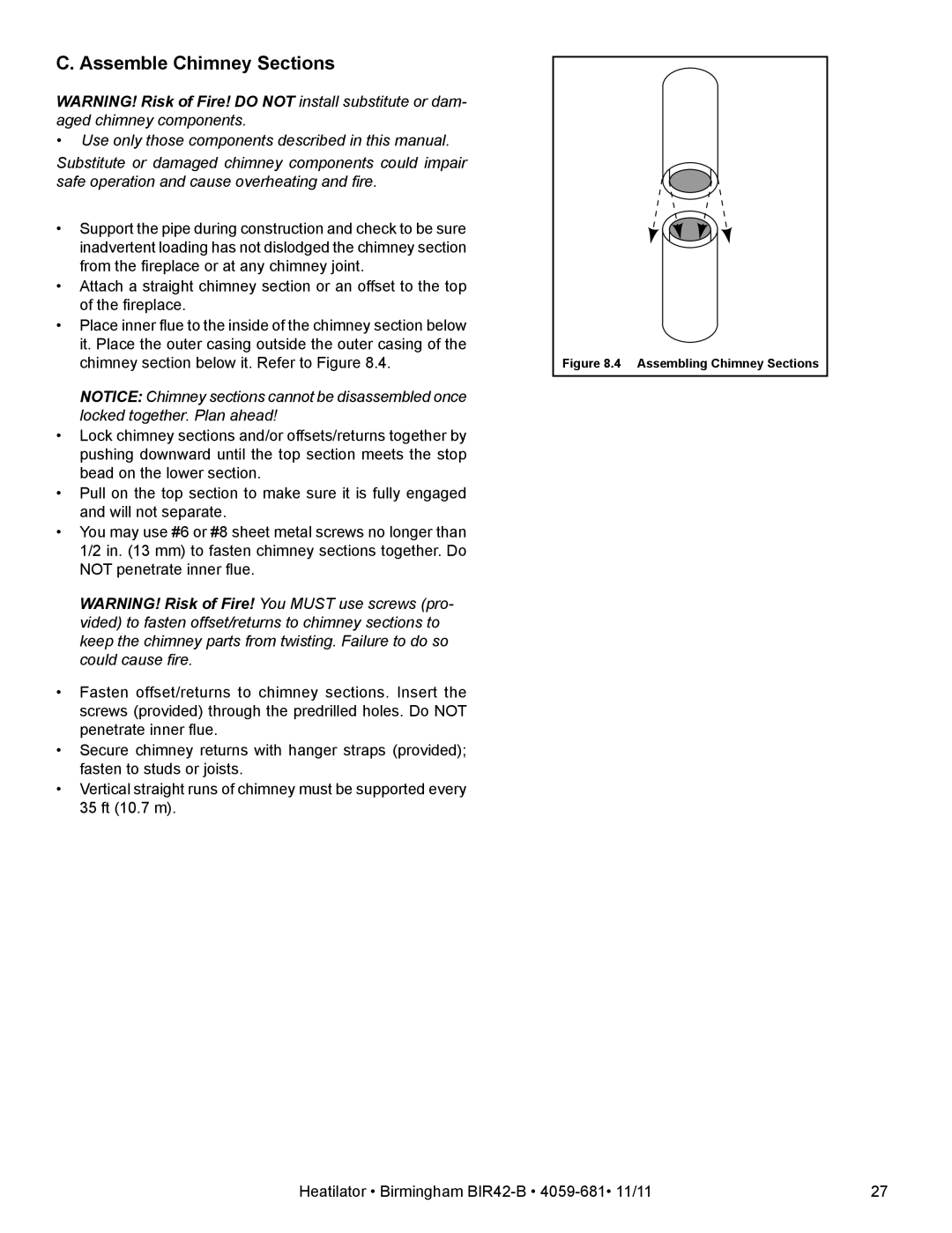 Hearth and Home Technologies BIR42-B owner manual Assemble Chimney Sections, Assembling Chimney Sections 