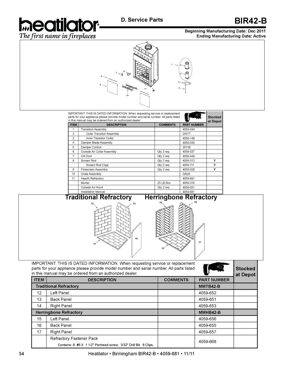 Hearth and Home Technologies BIR42-B owner manual Herringbone Refractory, Service Parts 