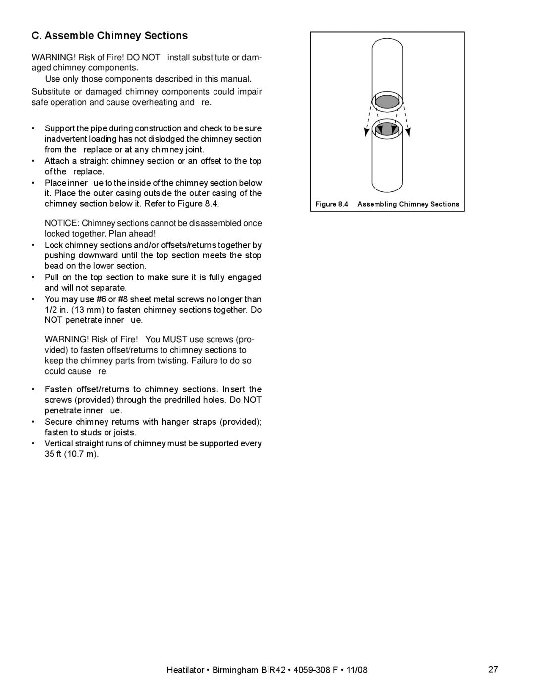 Hearth and Home Technologies BIR42 owner manual Assemble Chimney Sections, Assembling Chimney Sections 