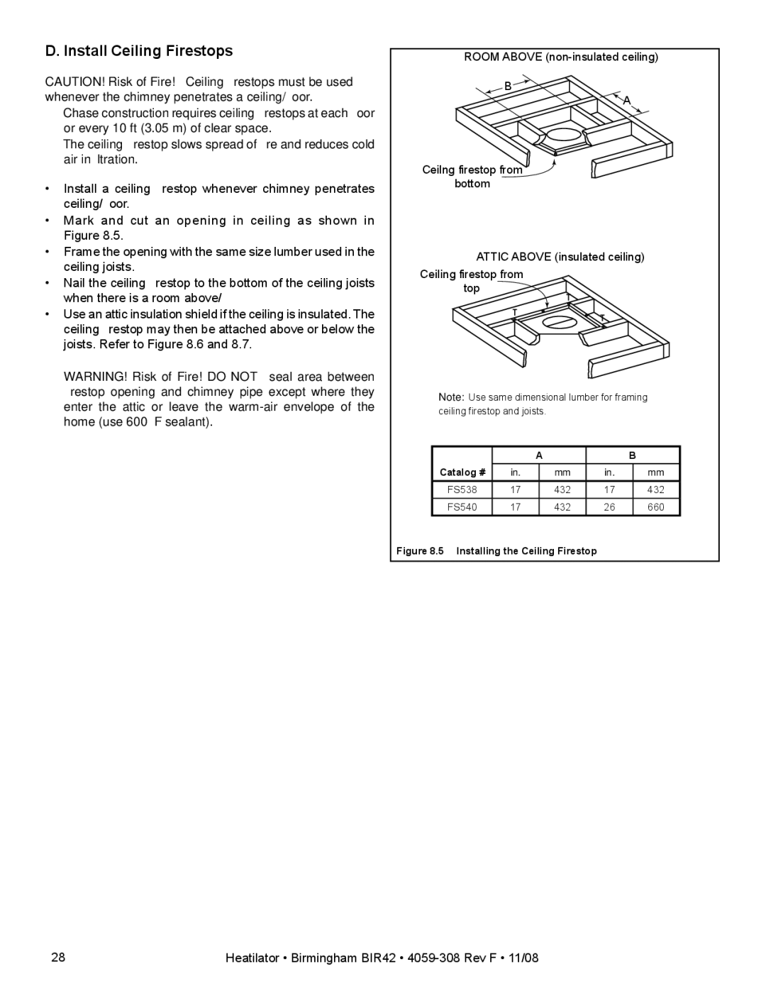 Hearth and Home Technologies BIR42 owner manual Install Ceiling Firestops, Installing the Ceiling Firestop 