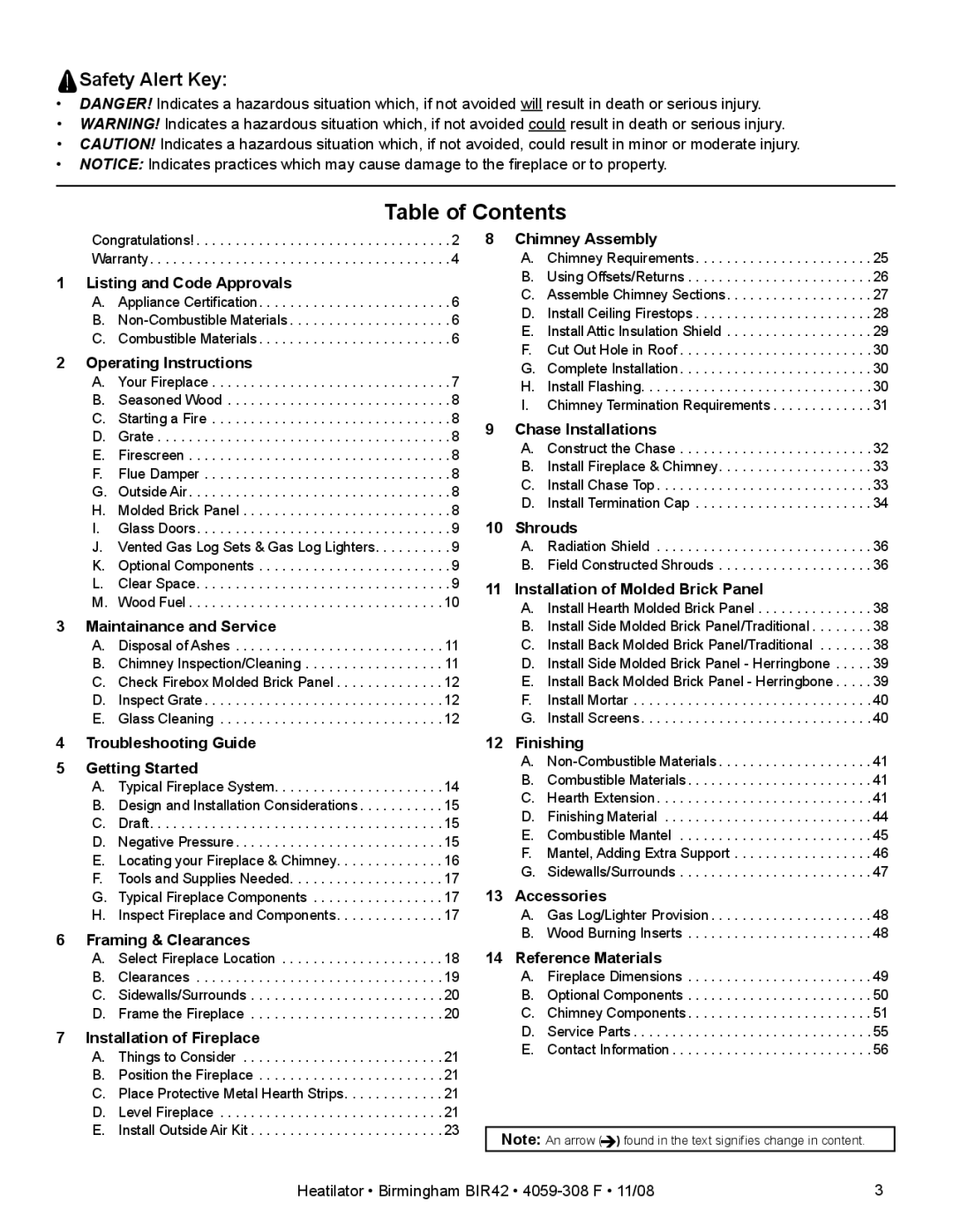 Hearth and Home Technologies BIR42 owner manual Table of Contents 