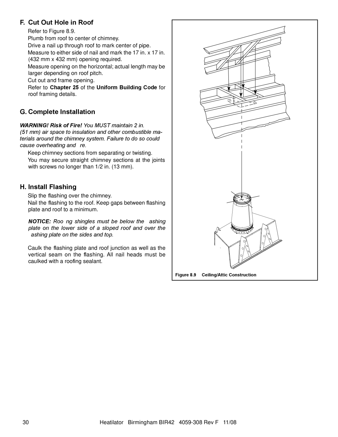 Hearth and Home Technologies BIR42 owner manual Cut Out Hole in Roof, Complete Installation, Install Flashing 