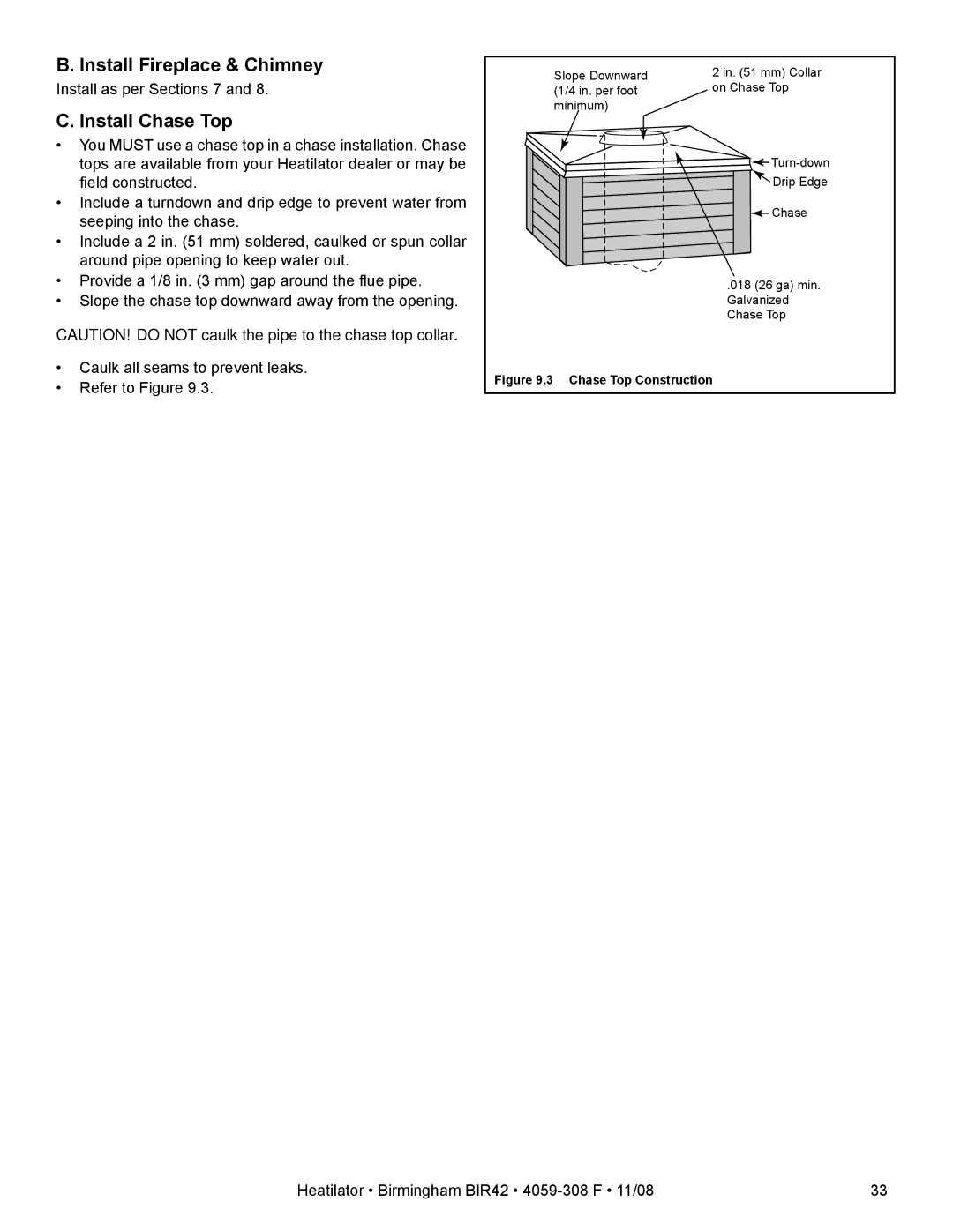 Hearth and Home Technologies BIR42 owner manual Install Fireplace & Chimney, Install Chase Top 