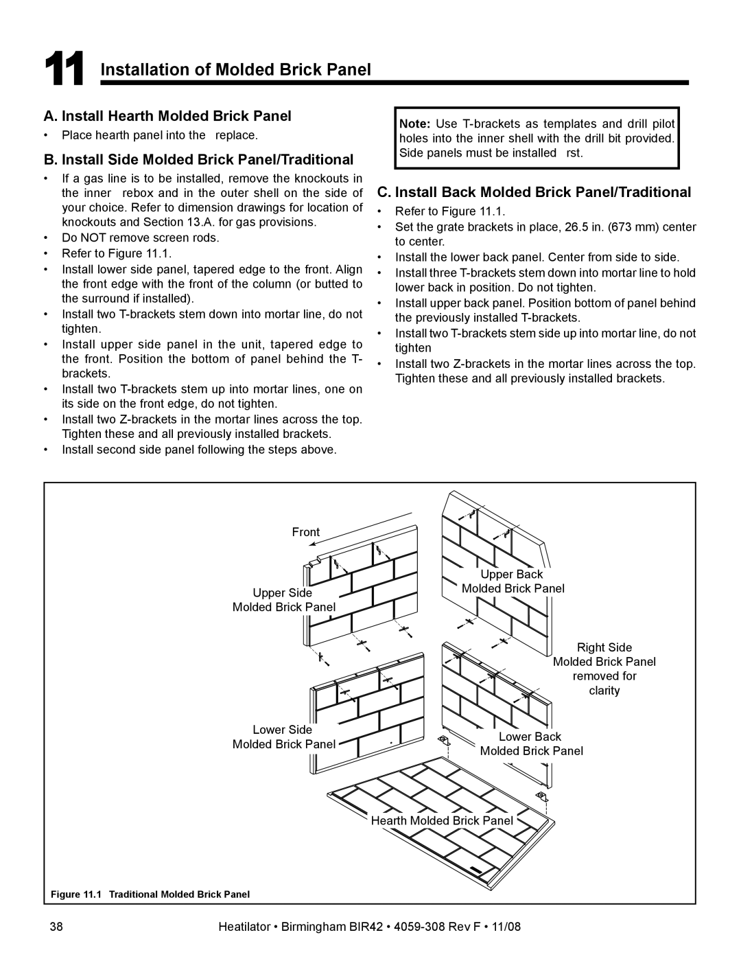 Hearth and Home Technologies BIR42 owner manual Installation of Molded Brick Panel, Install Hearth Molded Brick Panel 