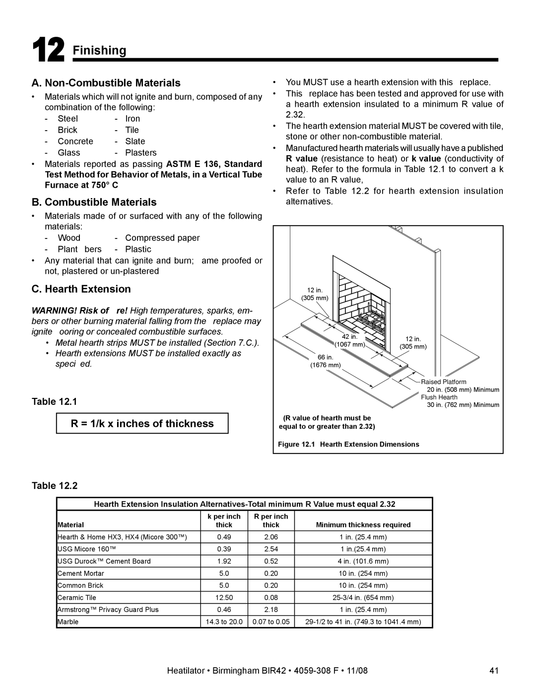 Hearth and Home Technologies BIR42 owner manual Finishing, Hearth Extension, = 1/k x inches of thickness 