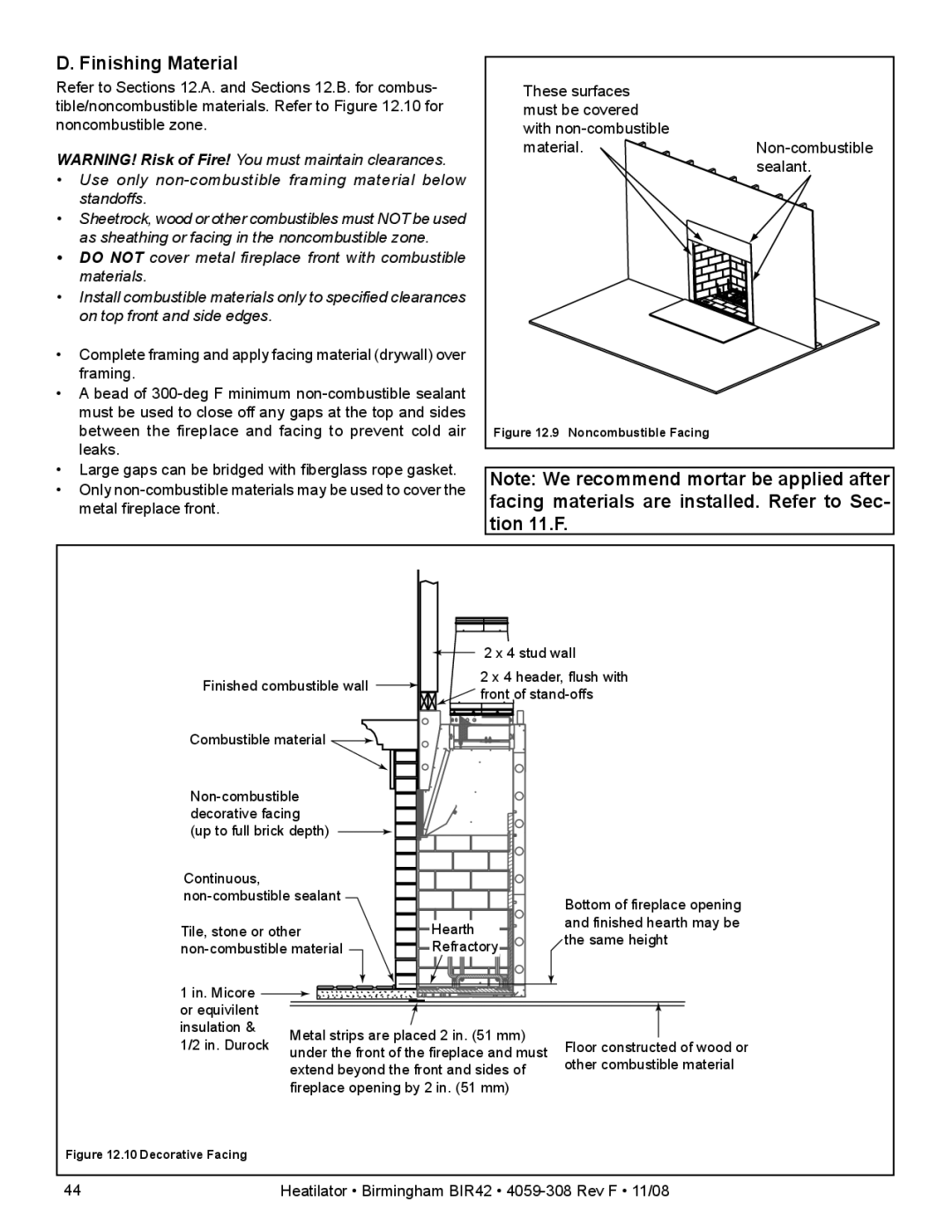 Hearth and Home Technologies BIR42 owner manual Finishing Material, Noncombustible Facing 