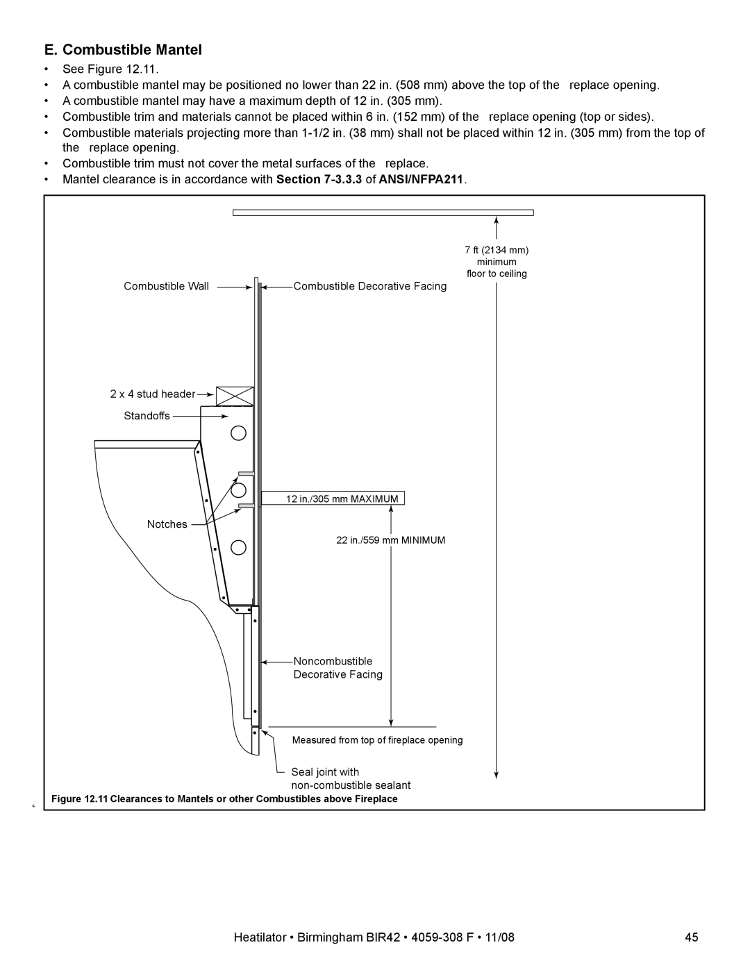 Hearth and Home Technologies BIR42 owner manual Combustible Mantel 