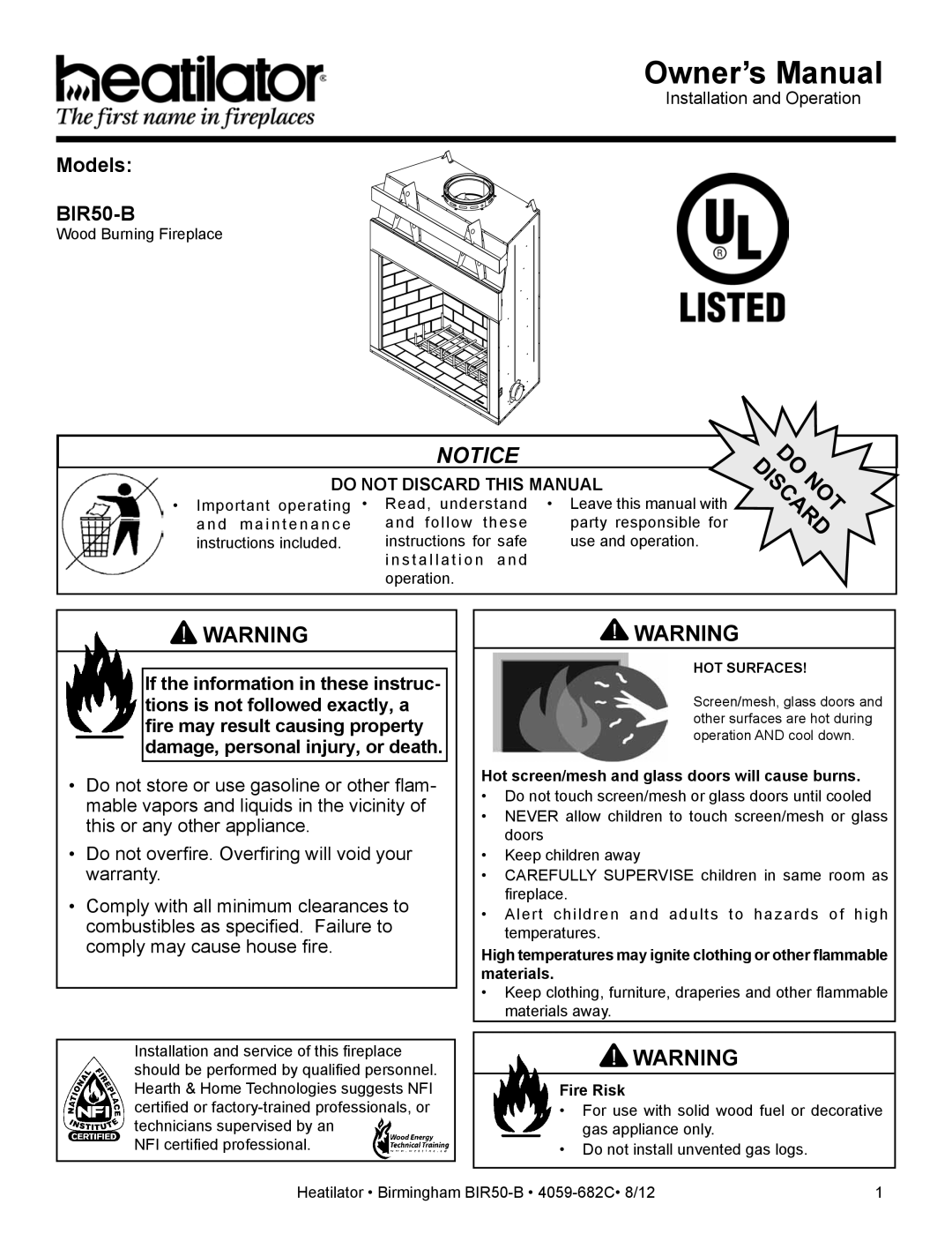 Hearth and Home Technologies BIR50-B owner manual Hot screen/mesh and glass doors will cause burns, Fire Risk 