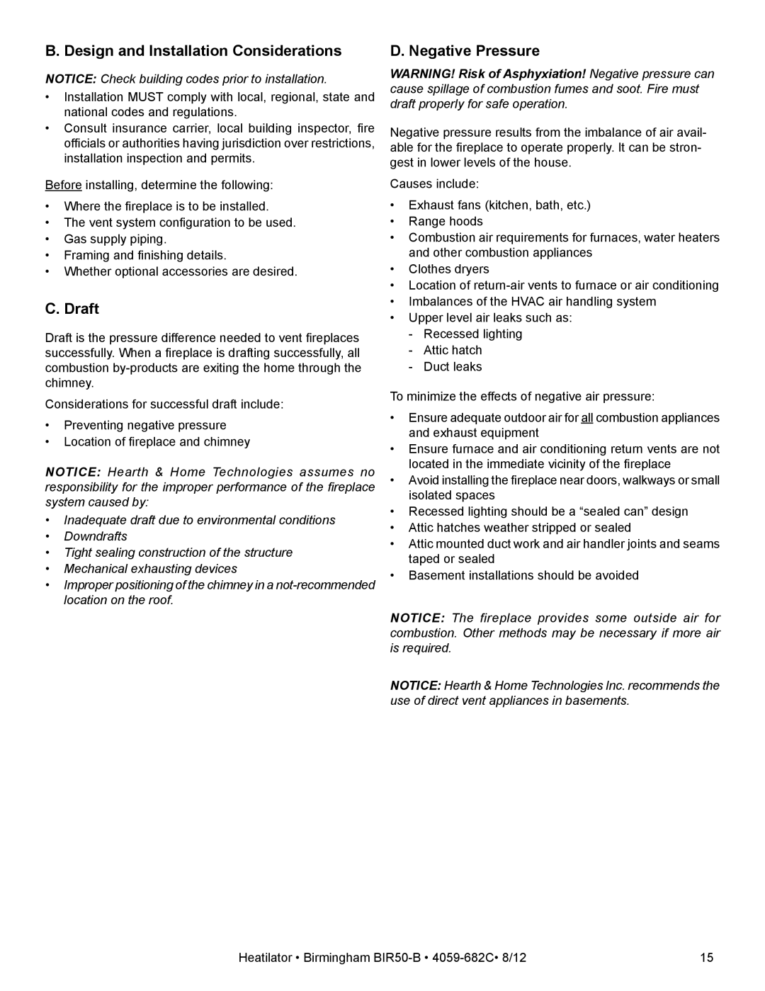 Hearth and Home Technologies BIR50-B owner manual Design and Installation Considerations, Draft, Negative Pressure 