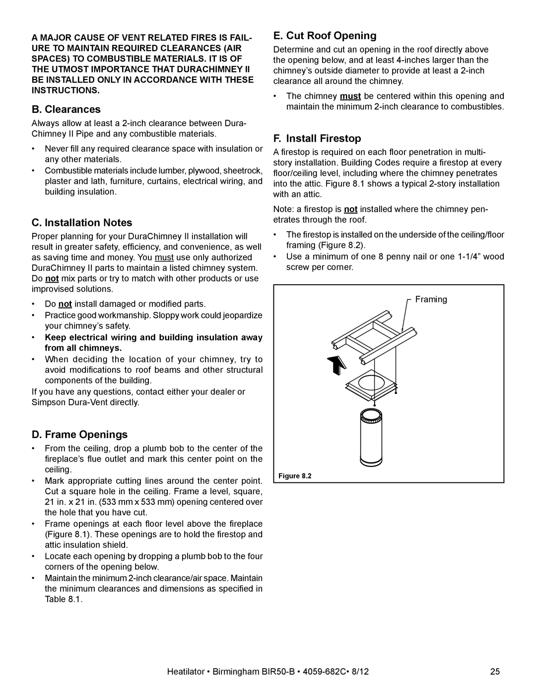 Hearth and Home Technologies BIR50-B owner manual Installation Notes, Frame Openings, Cut Roof Opening, Install Firestop 