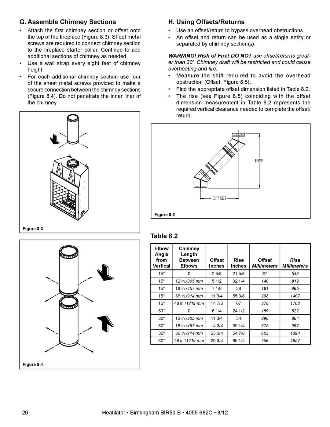 Hearth and Home Technologies BIR50-B owner manual Assemble Chimney Sections, Using Offsets/Returns 