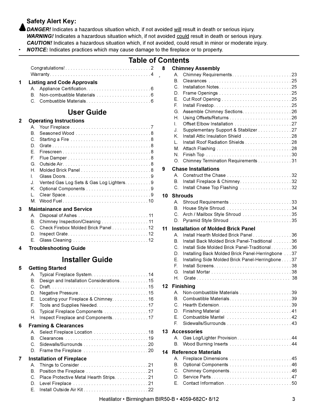 Hearth and Home Technologies BIR50-B owner manual Table of Contents, User Guide, Installer Guide 