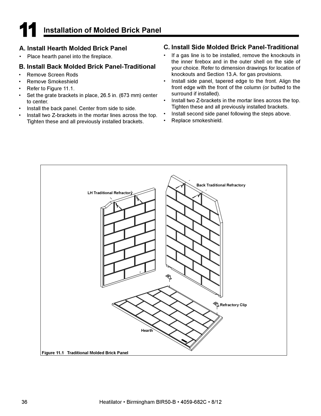 Hearth and Home Technologies BIR50-B owner manual Installation of Molded Brick Panel, Install Hearth Molded Brick Panel 