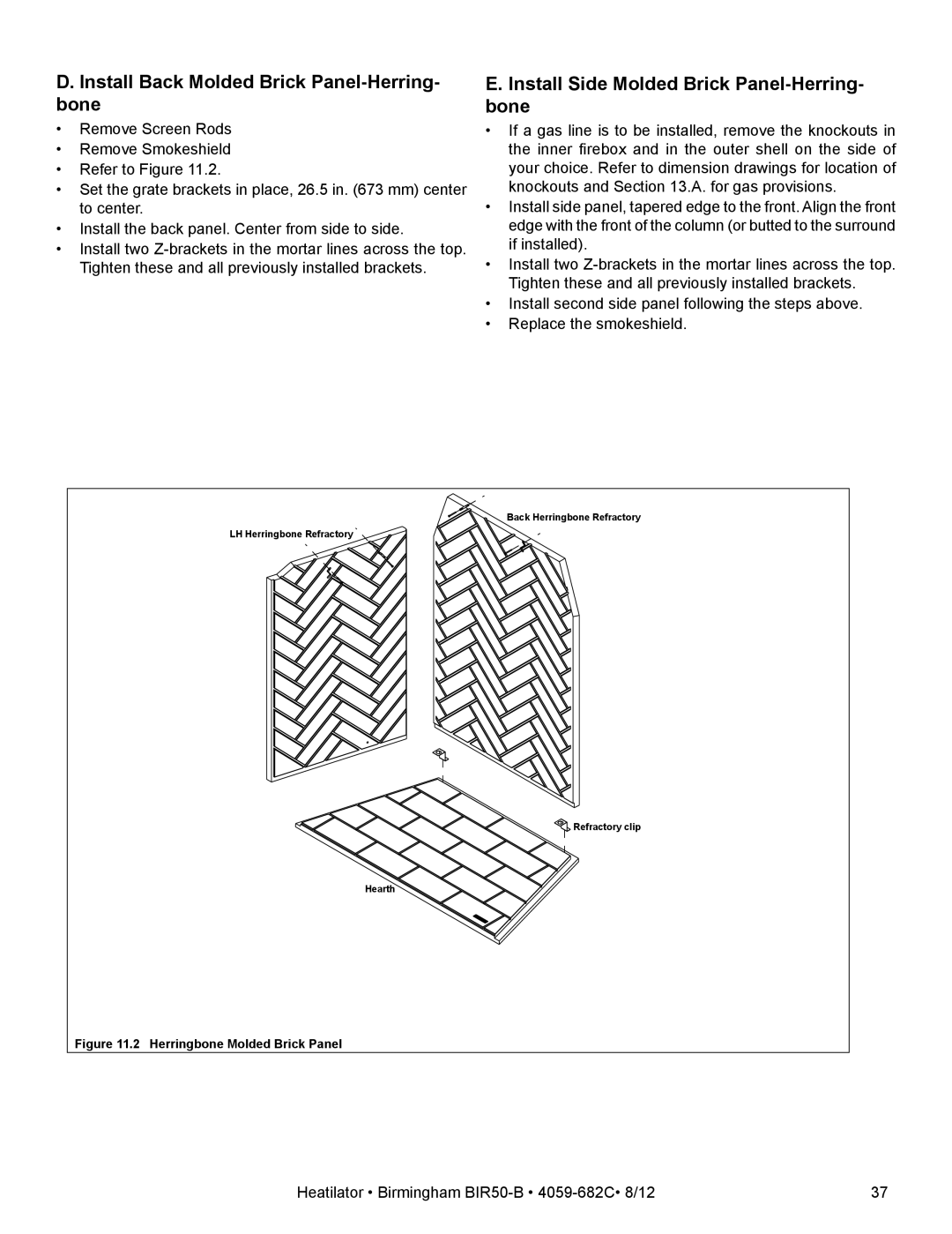 Hearth and Home Technologies BIR50-B owner manual Install Back Molded Brick Panel-Herring- bone 