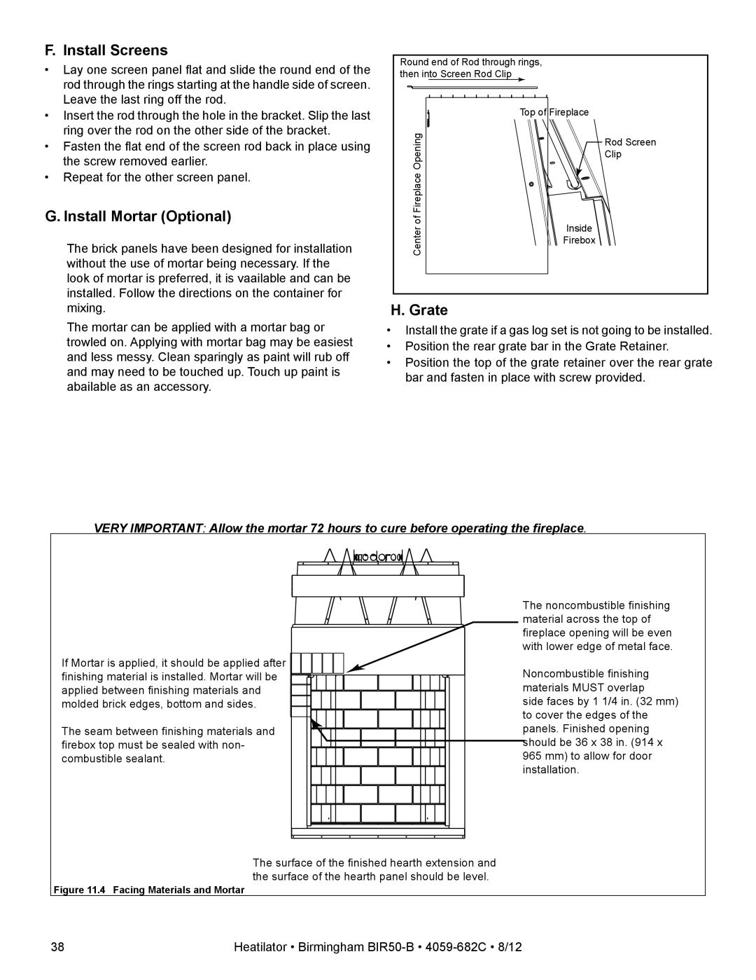 Hearth and Home Technologies BIR50-B owner manual Install Screens, Install Mortar Optional 