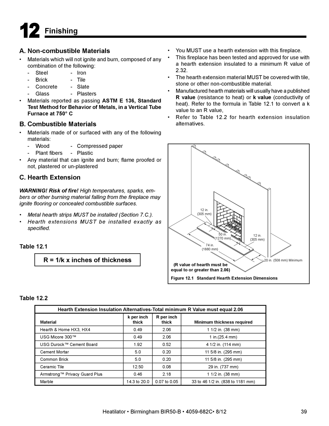 Hearth and Home Technologies BIR50-B owner manual Finishing, Hearth Extension, = 1/k x inches of thickness 