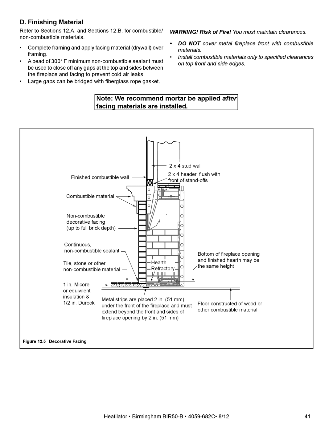 Hearth and Home Technologies BIR50-B owner manual Finishing Material, Decorative Facing 