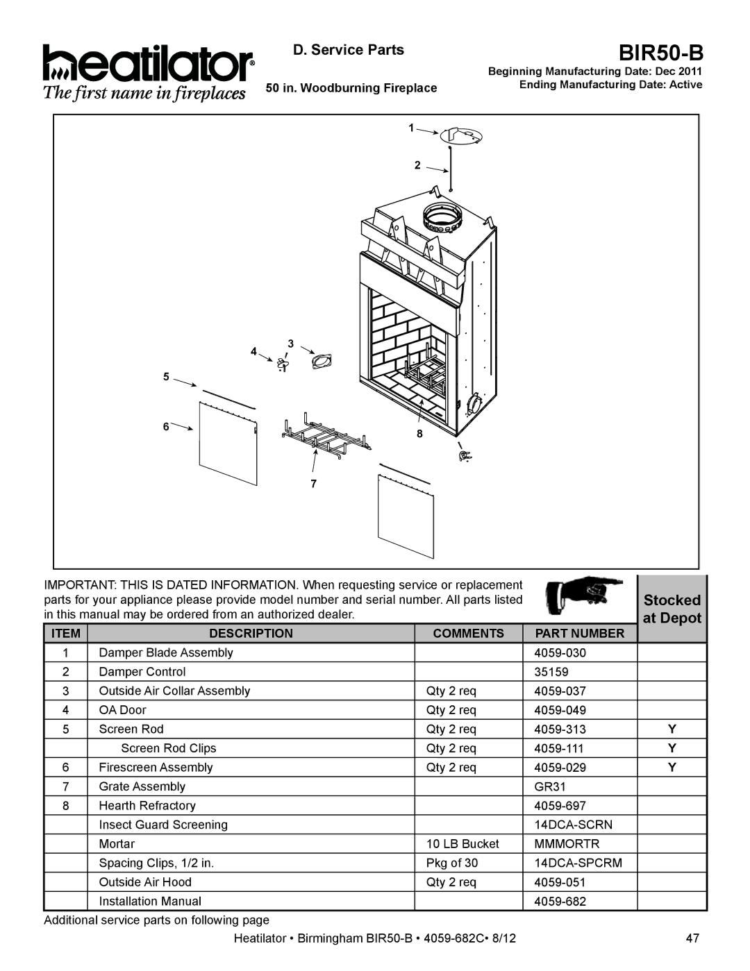 Hearth and Home Technologies BIR50-B owner manual Service Parts, Stocked, At Depot, 50 in. Woodburning Fireplace 