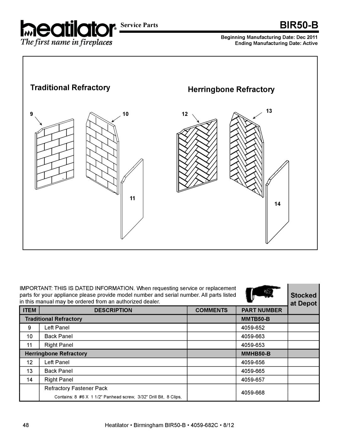 Hearth and Home Technologies BIR50-B owner manual Traditional Refractory, Herringbone Refractory 