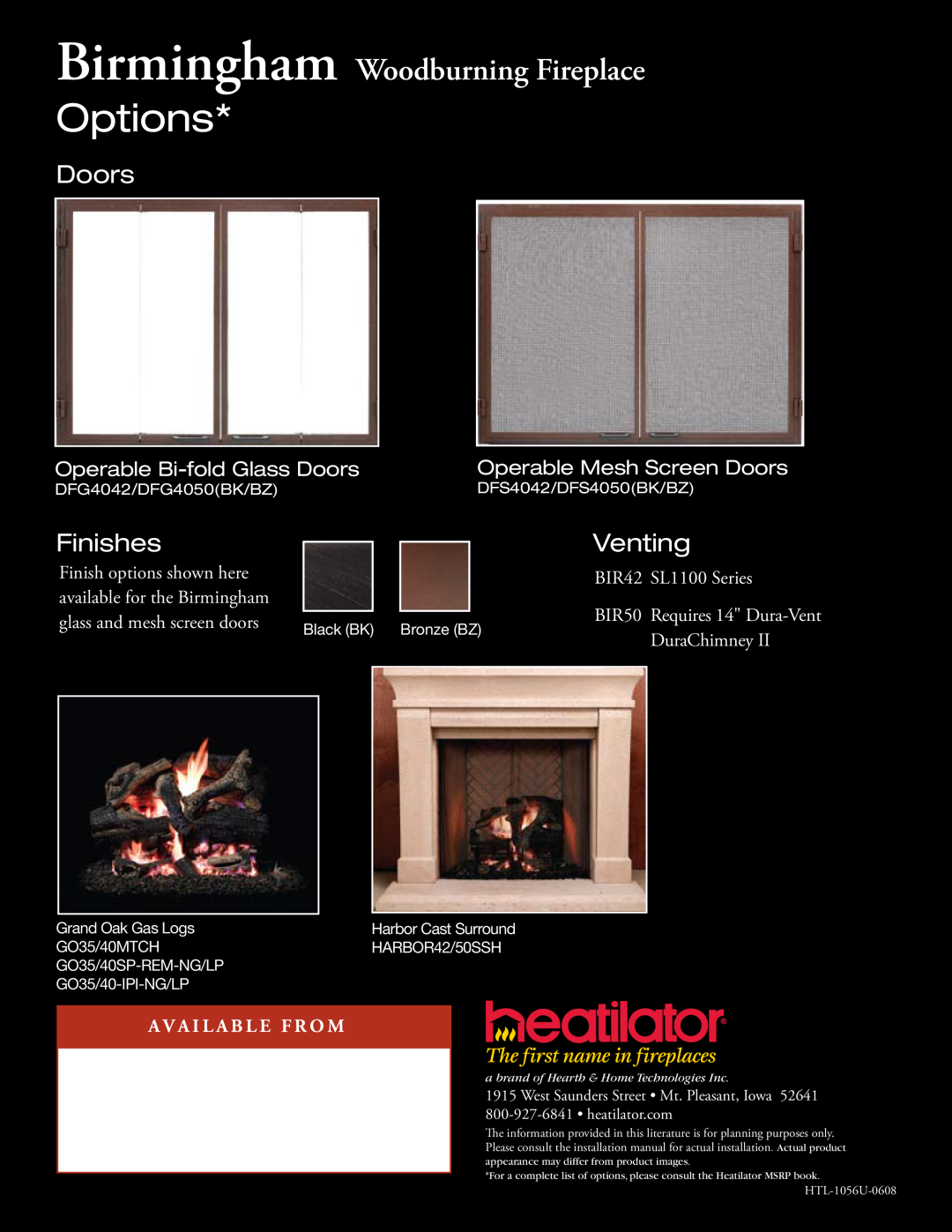 Hearth and Home Technologies Options, Birmingham Woodburning Fireplace, Doors, Finishes, Venting, DFG4042/DFG4050BK/BZ 
