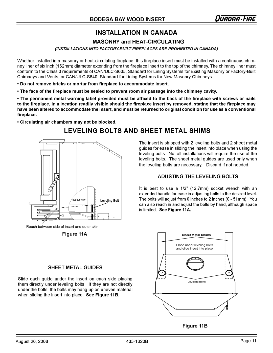 Hearth and Home Technologies BODBAY installation instructions Installation in Canada, Leveling Bolts and sheet metal shims 