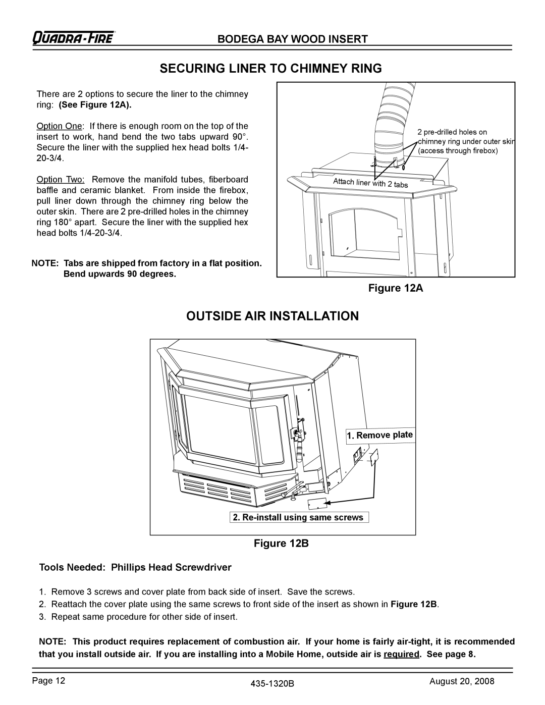 Hearth and Home Technologies BODBAY installation instructions Securing Liner to Chimney Ring, Outside AIR Installation 