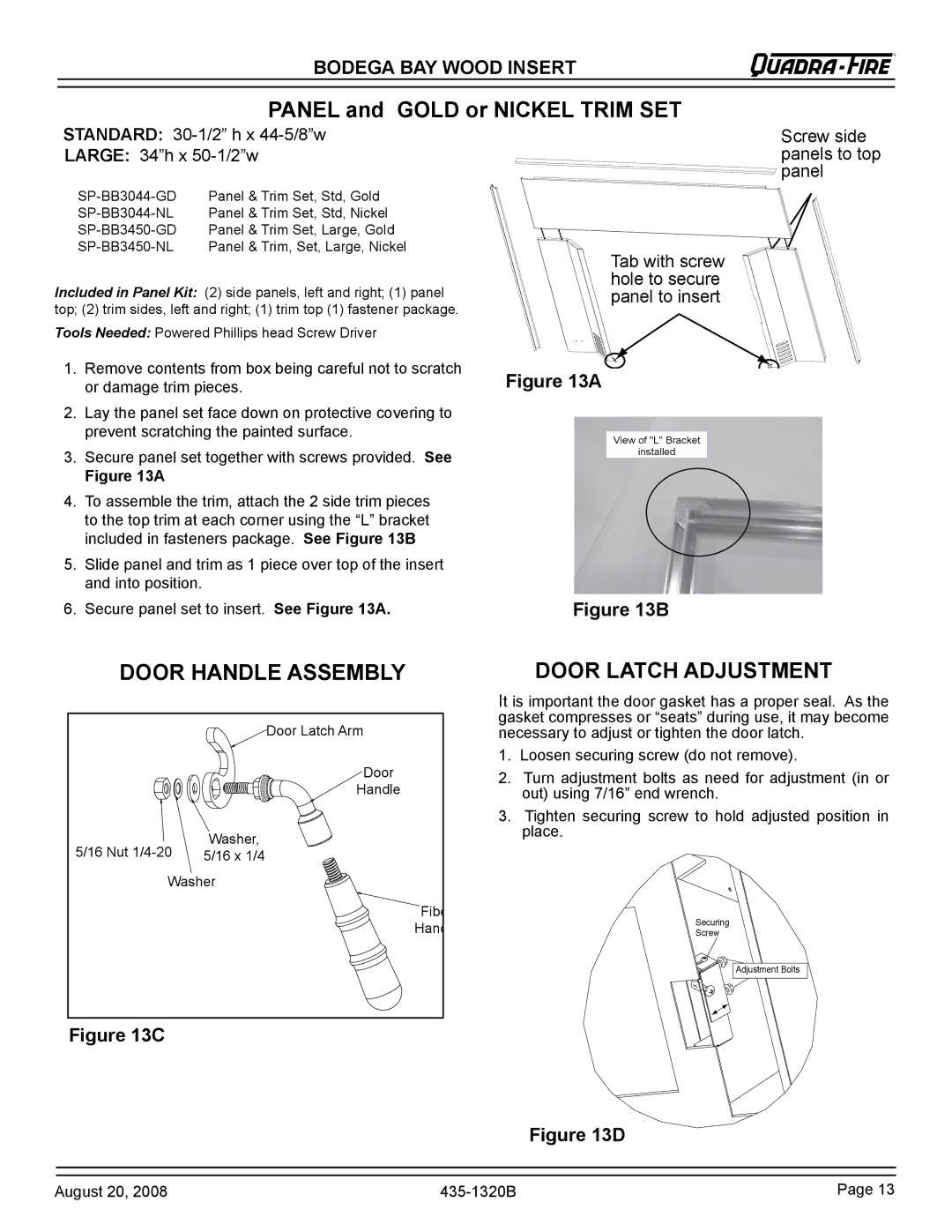 Hearth and Home Technologies BODBAY Panel and Gold or Nickel Trim SET, Door Handle Assembly, Door Latch Adjustment 