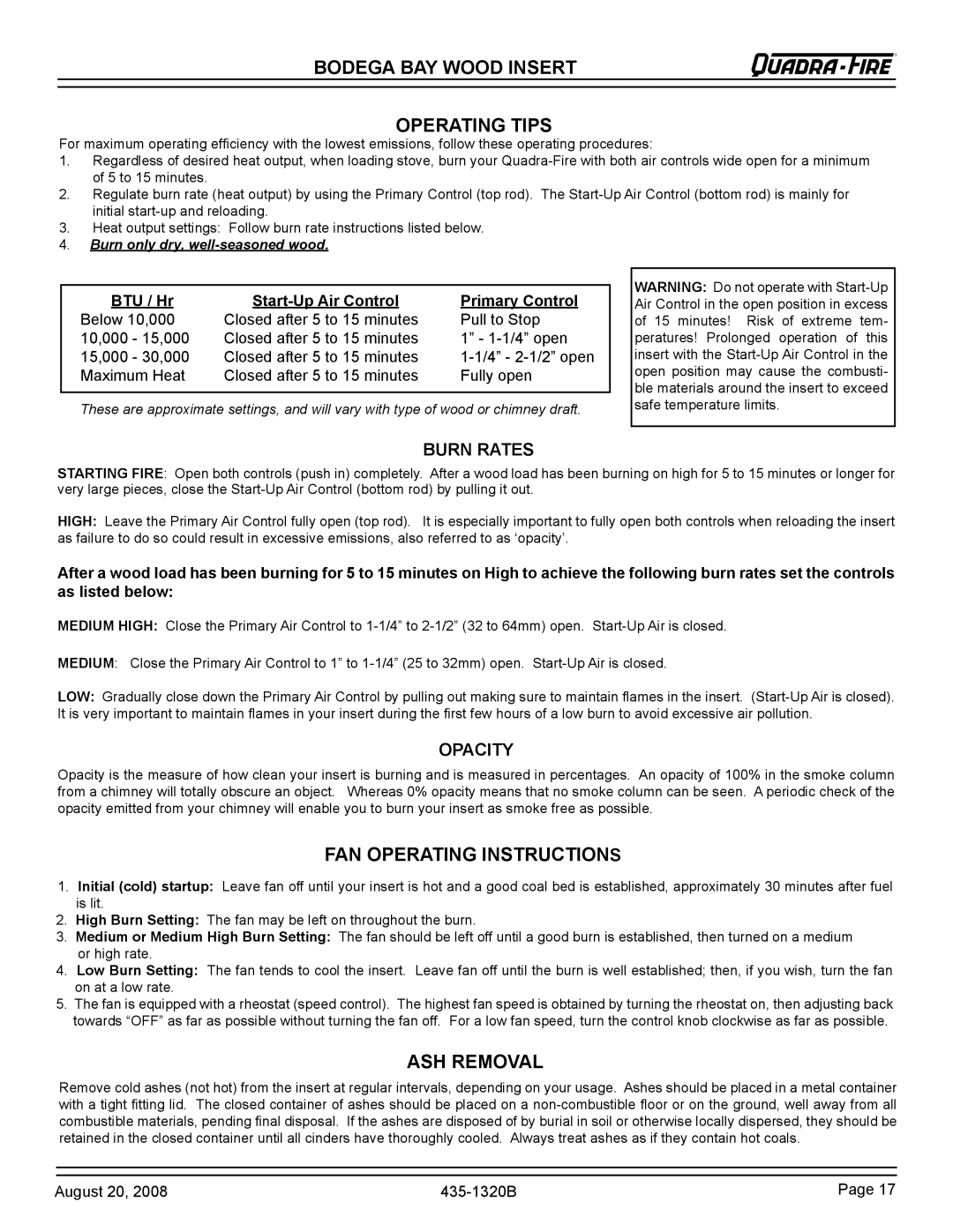 Hearth and Home Technologies BODBAY Bodega BAY Wood Insert Operating Tips, Fan operating instructions, ASH Removal 