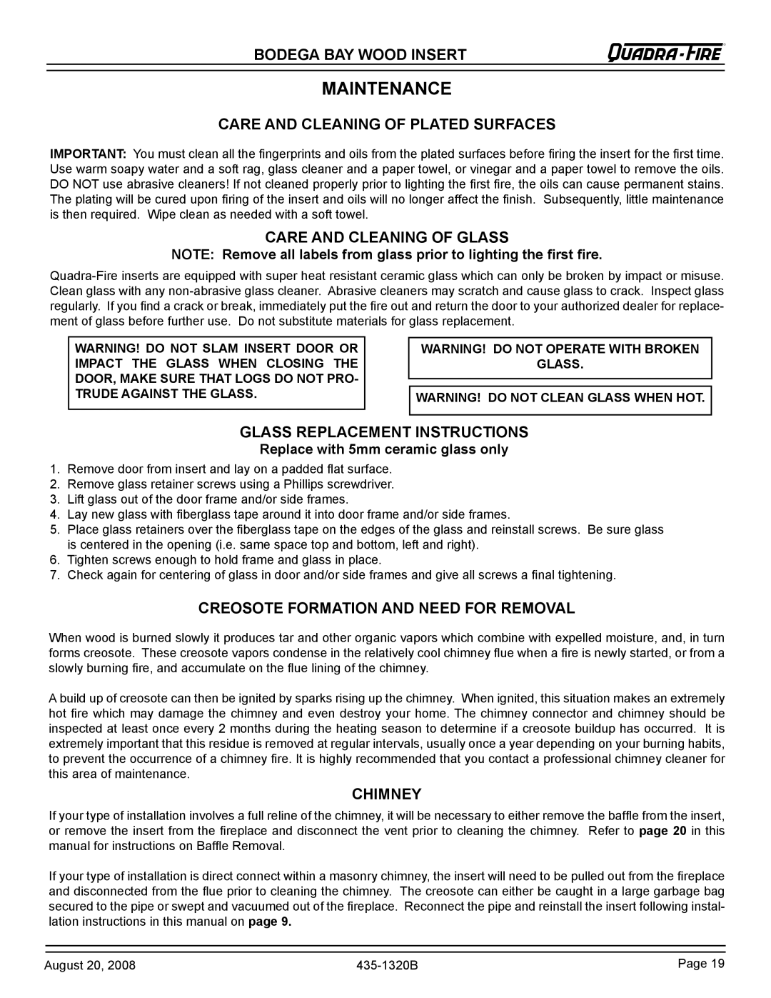 Hearth and Home Technologies BODBAY installation instructions Maintenance 