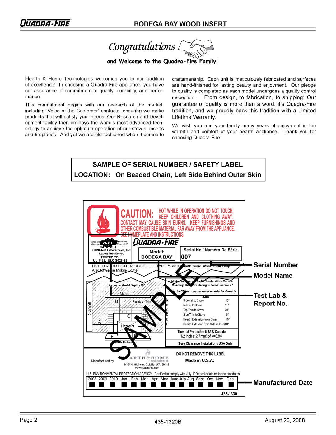 Hearth and Home Technologies BODBAY Bodega BAY Wood Insert, Sample of Serial Number / Safety Label 