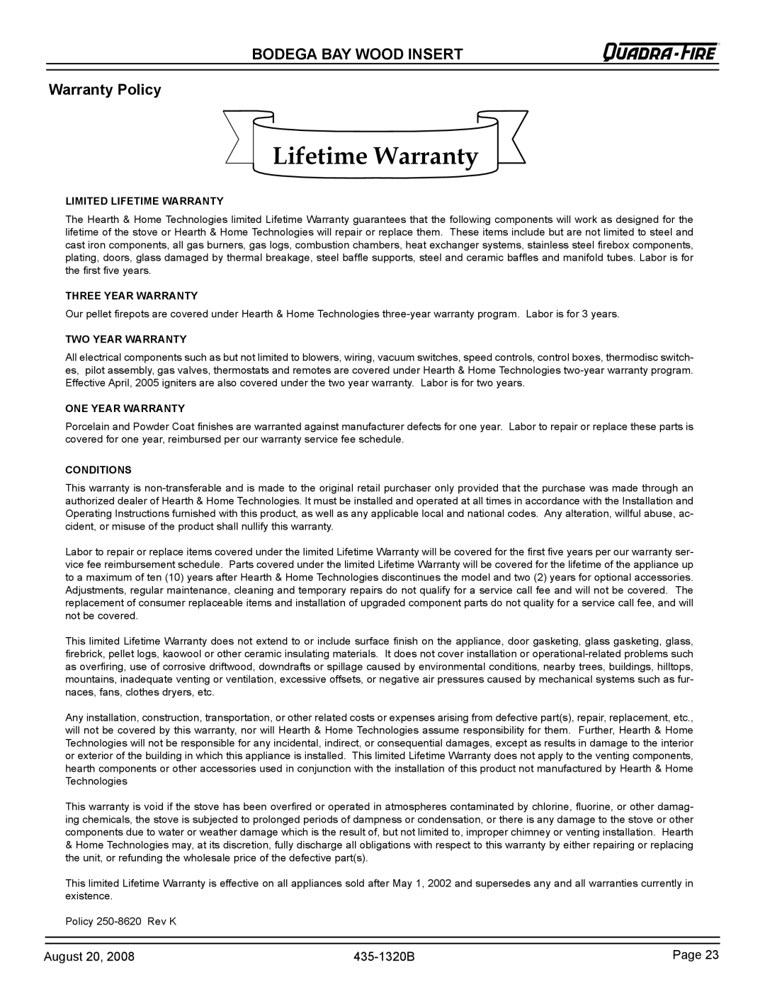 Hearth and Home Technologies BODBAY installation instructions Lifetime Warranty, Warranty Policy 