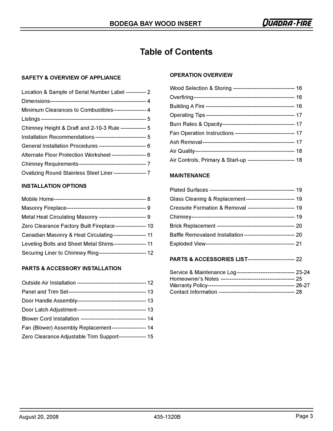 Hearth and Home Technologies BODBAY installation instructions Table of Contents 