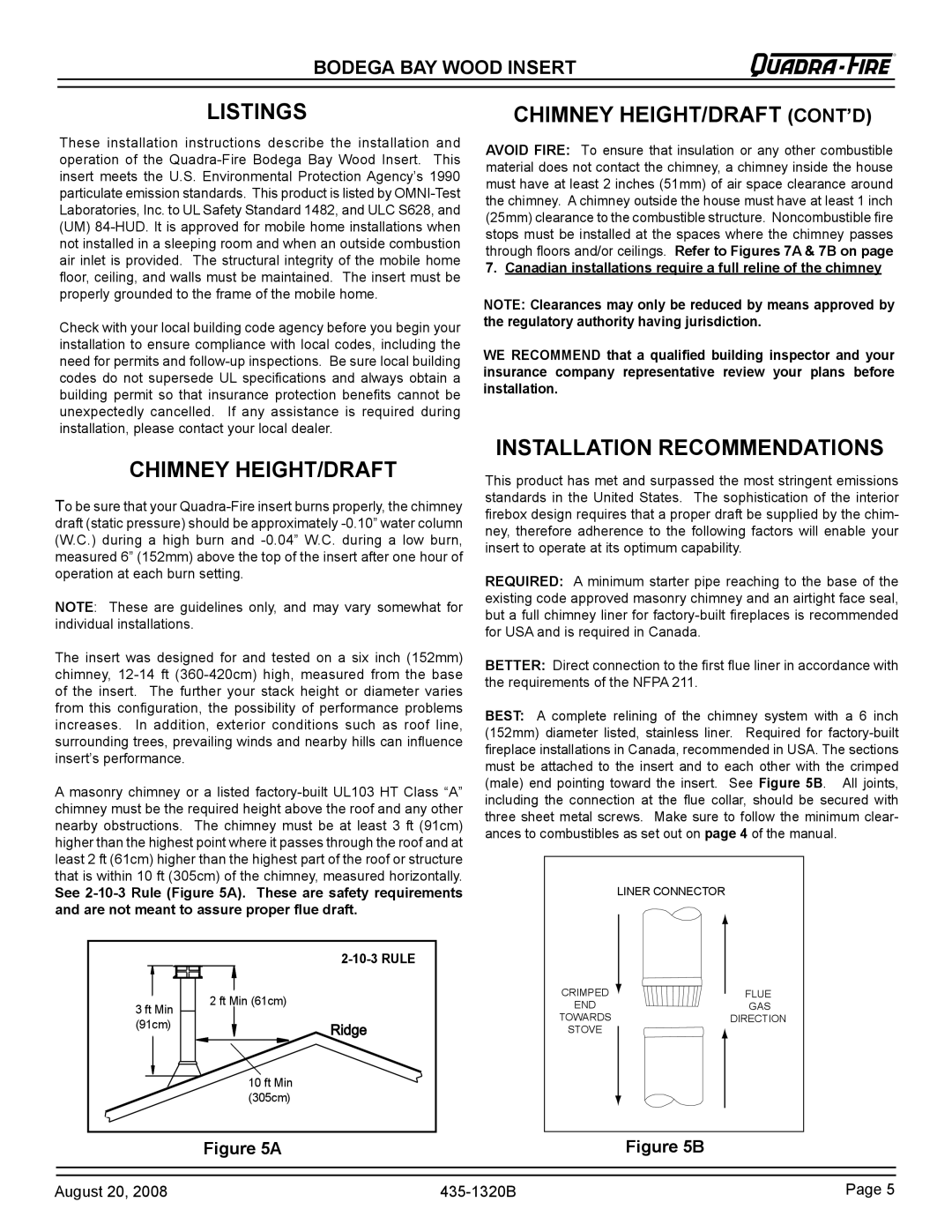 Hearth and Home Technologies BODBAY installation instructions Listings, Chimney HEIGHT/DRAFT, Installation recommendations 