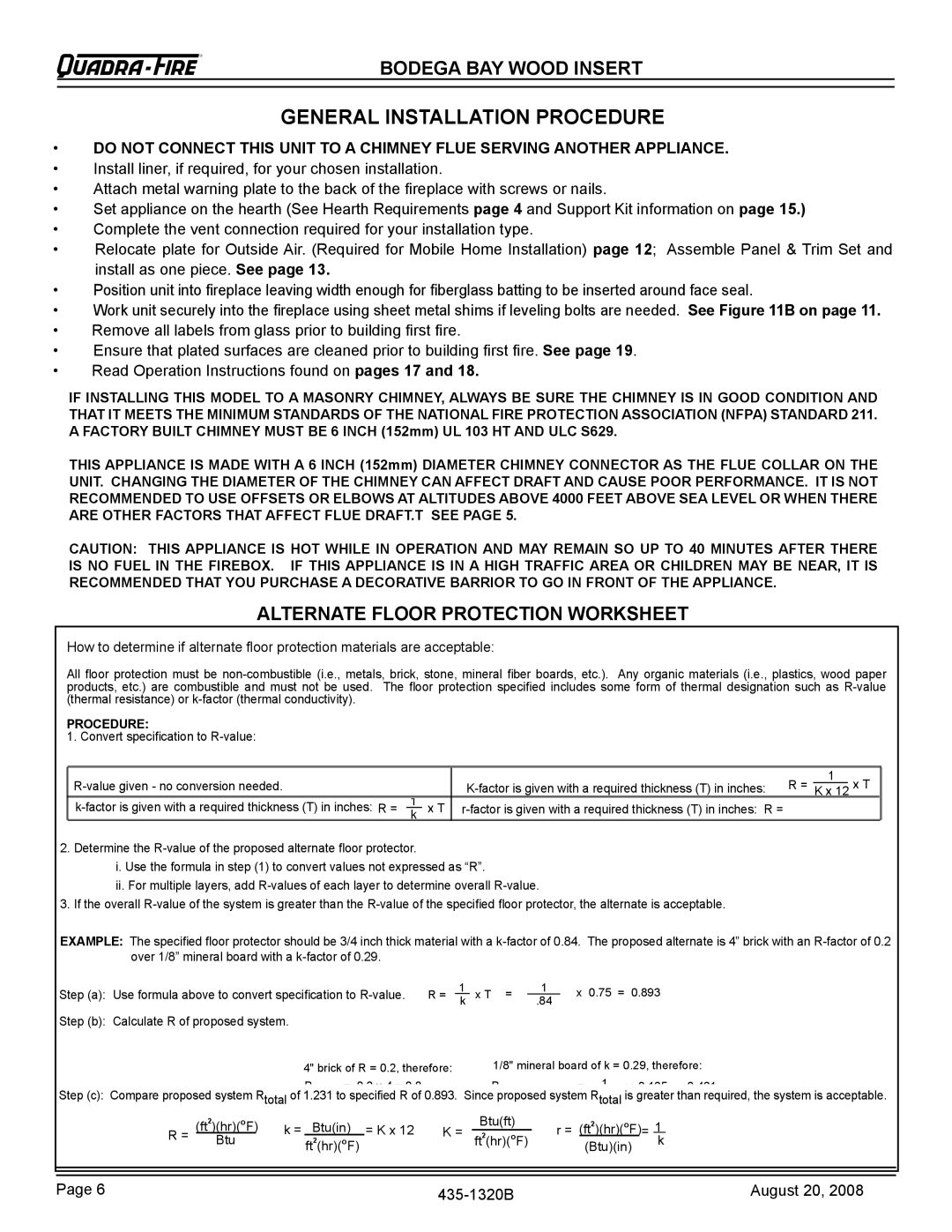 Hearth and Home Technologies BODBAY General Installation Procedure, Alternate Floor Protection Worksheet 