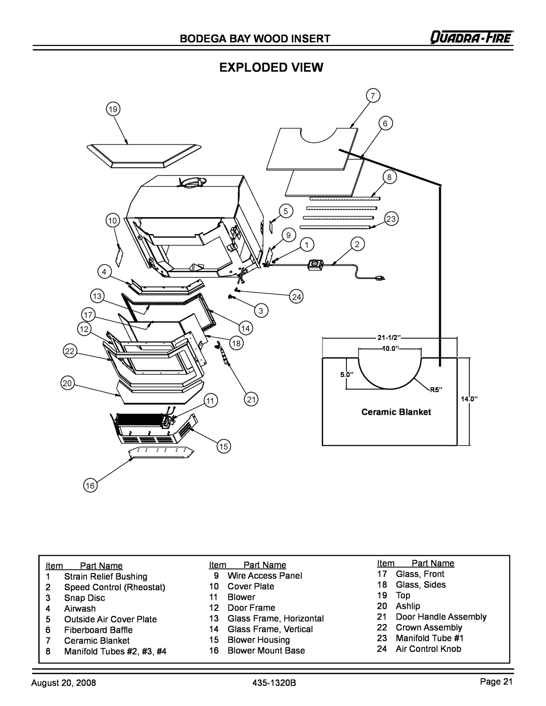 Hearth and Home Technologies BODBAY installation instructions Exploded View, Bodega Bay Wood Insert, Ceramic Blanket 
