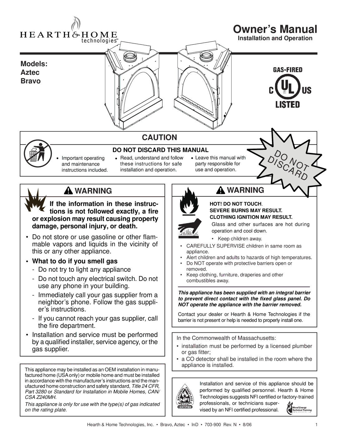 Hearth and Home Technologies owner manual Models Aztec Bravo 