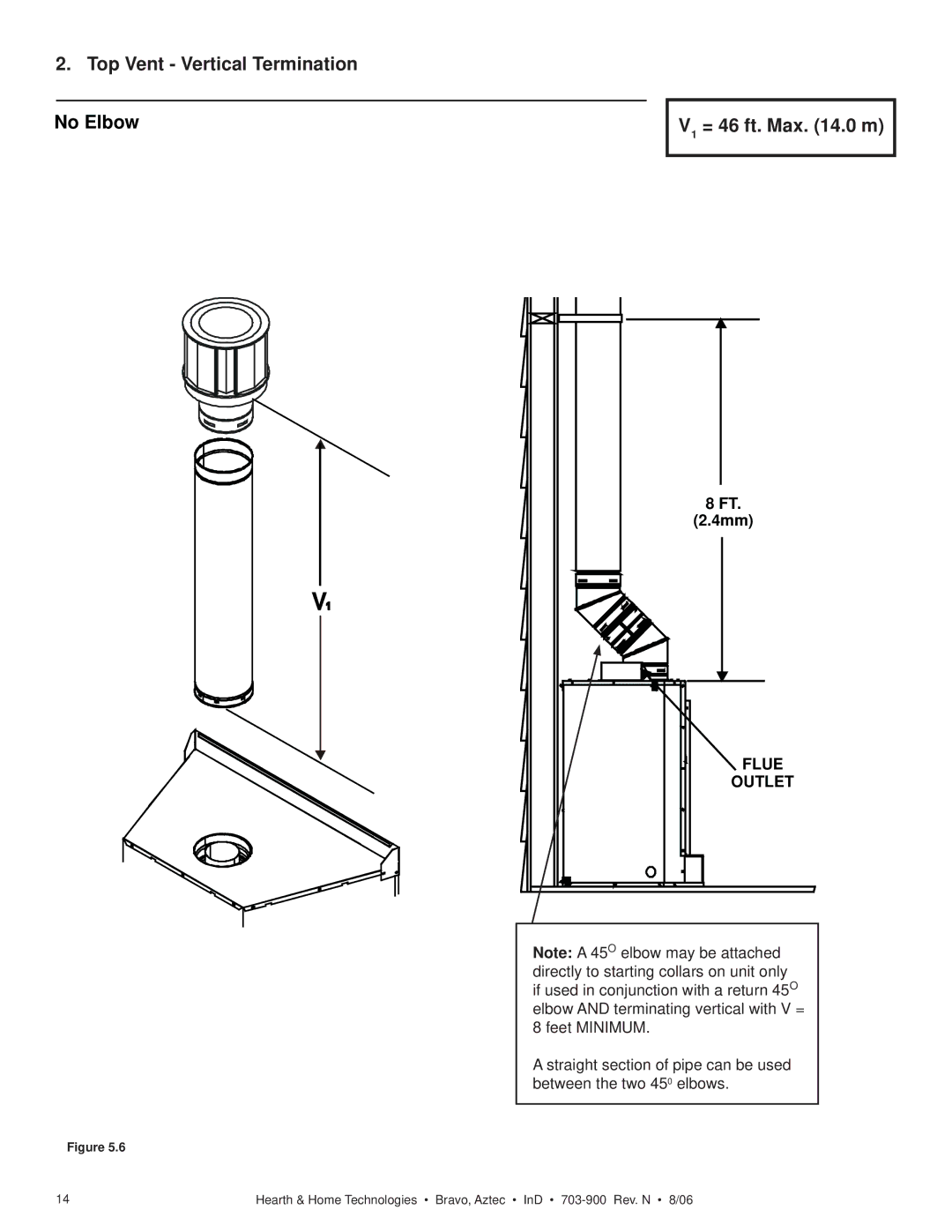 Hearth and Home Technologies Bravo, Aztec Top Vent Vertical Termination No Elbow V1 = 46 ft. Max .0 m, Flue Outlet 