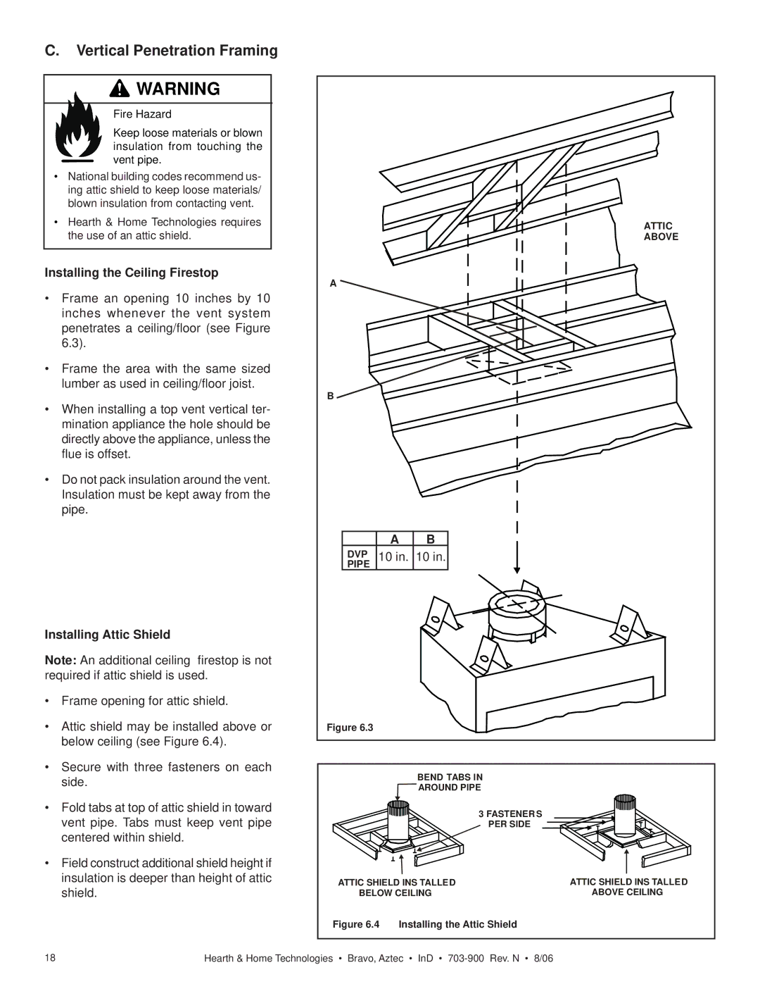 Hearth and Home Technologies Bravo Vertical Penetration Framing, Installing the Ceiling Firestop, Installing Attic Shield 