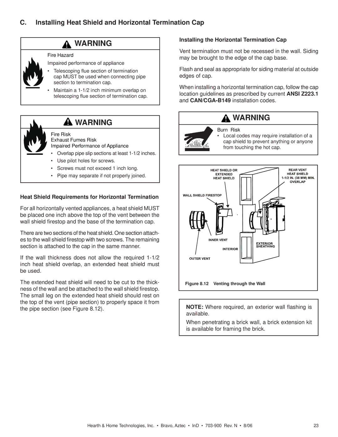 Hearth and Home Technologies Aztec, Bravo owner manual Installing Heat Shield and Horizontal Termination Cap 