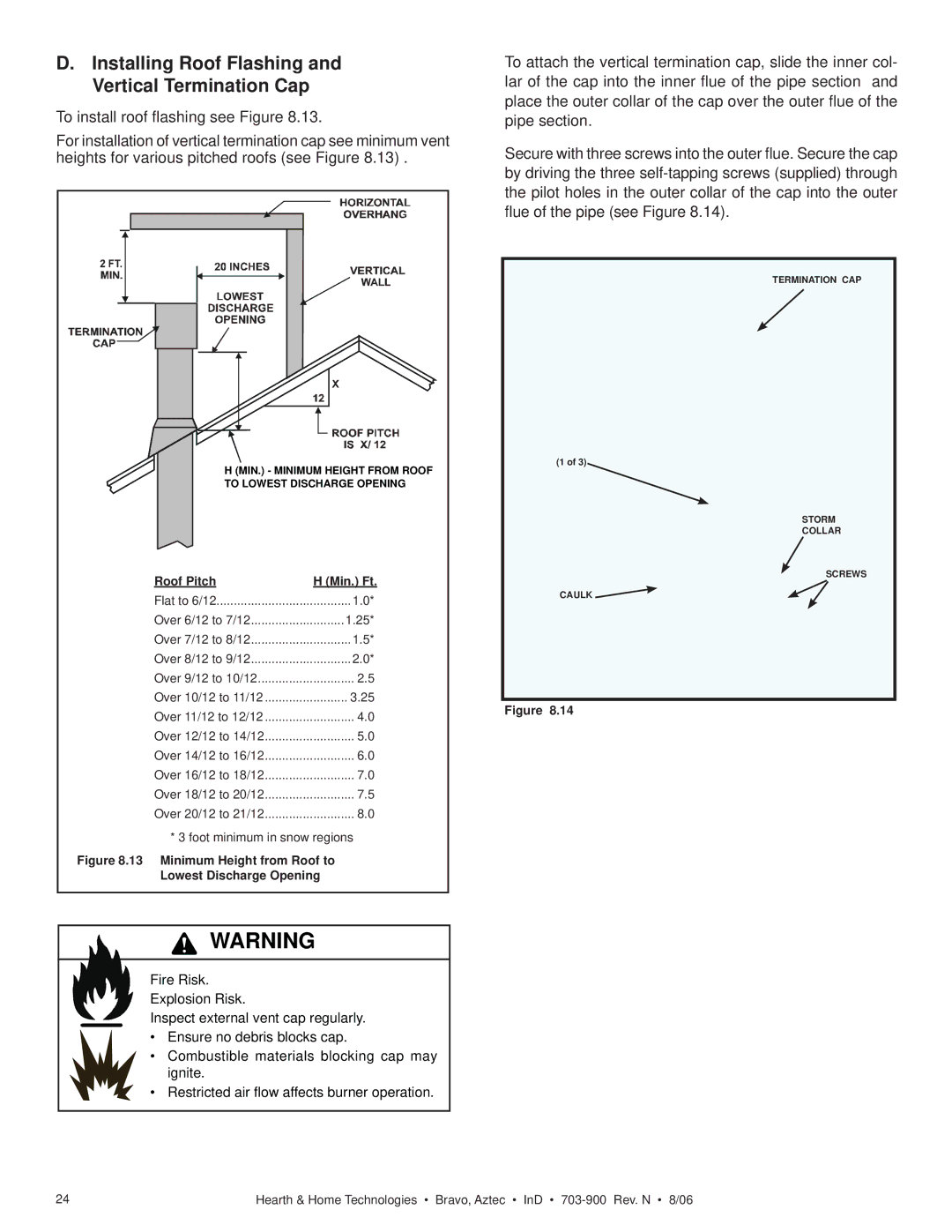 Hearth and Home Technologies Bravo, Aztec owner manual Installing Roof Flashing and Vertical Termination Cap 